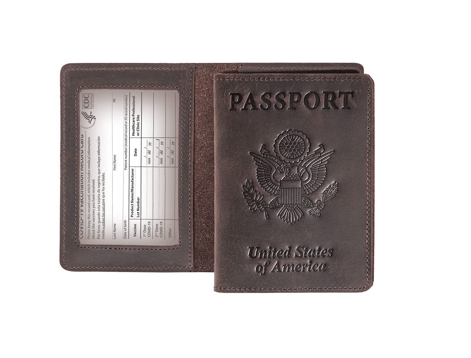 Genuine Leather Passport and Vaccine Card Holder Combo, RFID Blocking, Coffee, Unisex