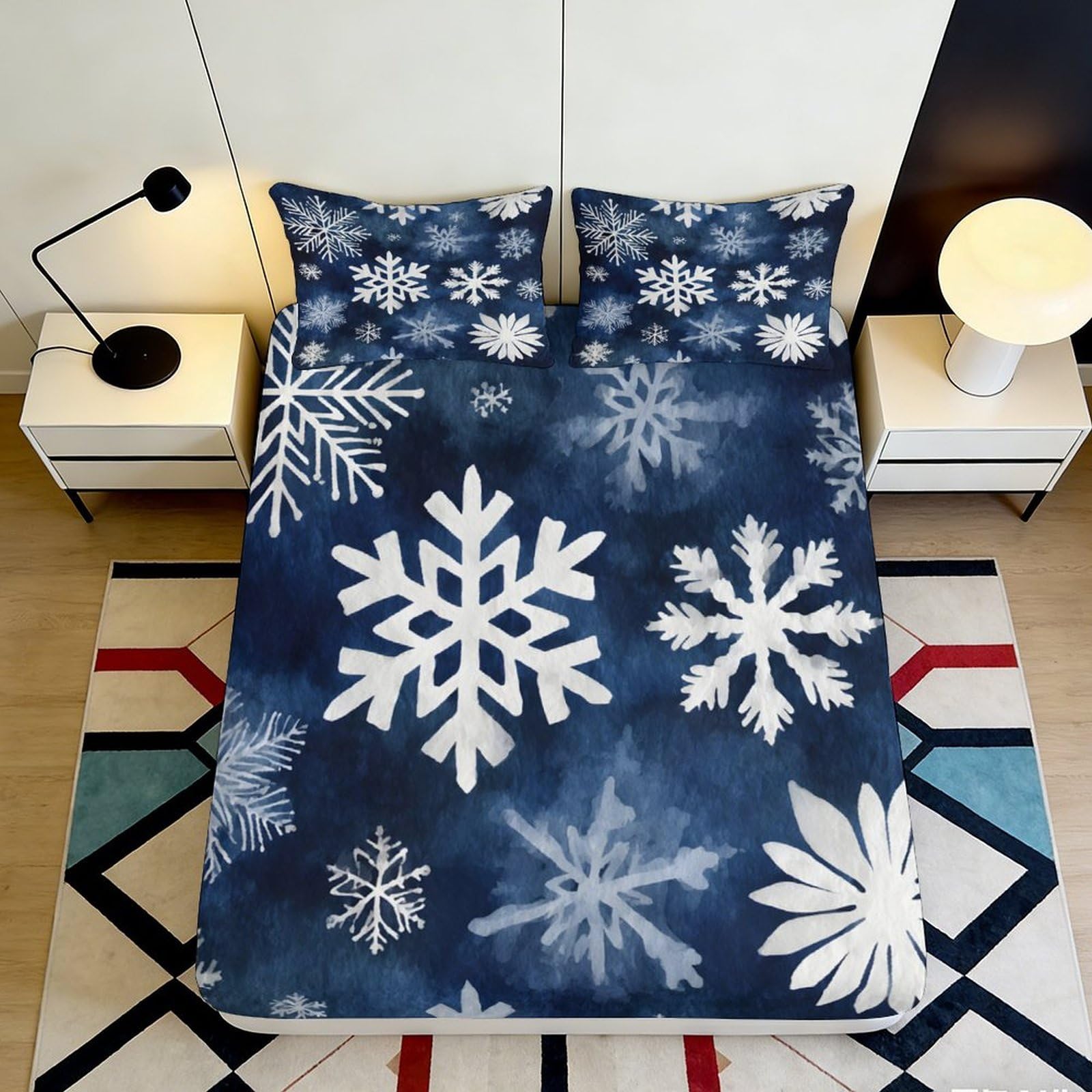 3D Printed Snowflake Pattern Fitted Sheet Microfiber Soft Breathable Winter Design Mattress Cover for Bedroom Dormitory Guest Room Protection 140x200x25cm