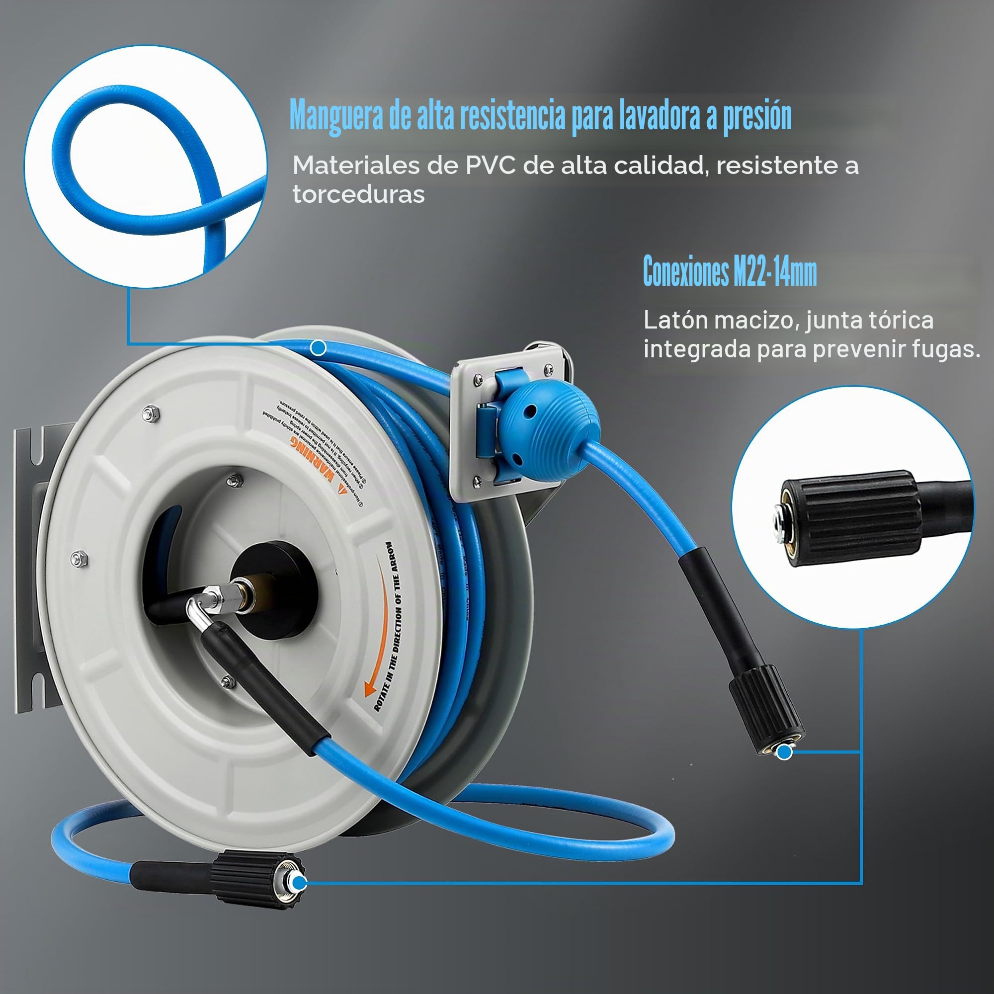 FIXFANS Carrete de manguera de lavado a presión con manguera, carrete de manguera retráctil de 1/4 pulgadas × 60 pies, carrete de manguera resistente, rebobinado automático, montado en la pared, 3600
