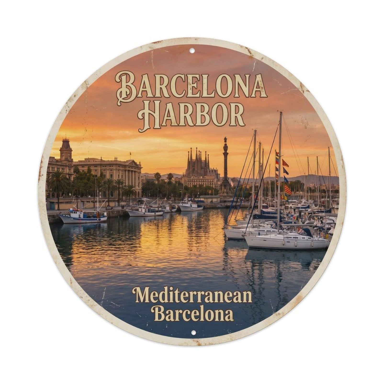 Vintage Travel Barcelona Harbor Mediterranean Spain Metal Tin Sign Plaque Wall Decor for Cafe, Club, Garden Round Metal Poster 8x8Inch