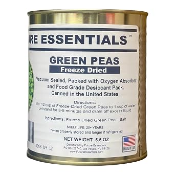 Future Essentials Canned Freeze Dried Green Peas #2.5 Size Can of Freeze Dried Peas with 25+ Year Shelf Life Easy to Rehydrate, Ideal for Emergency Food & Camping 5.5 oz