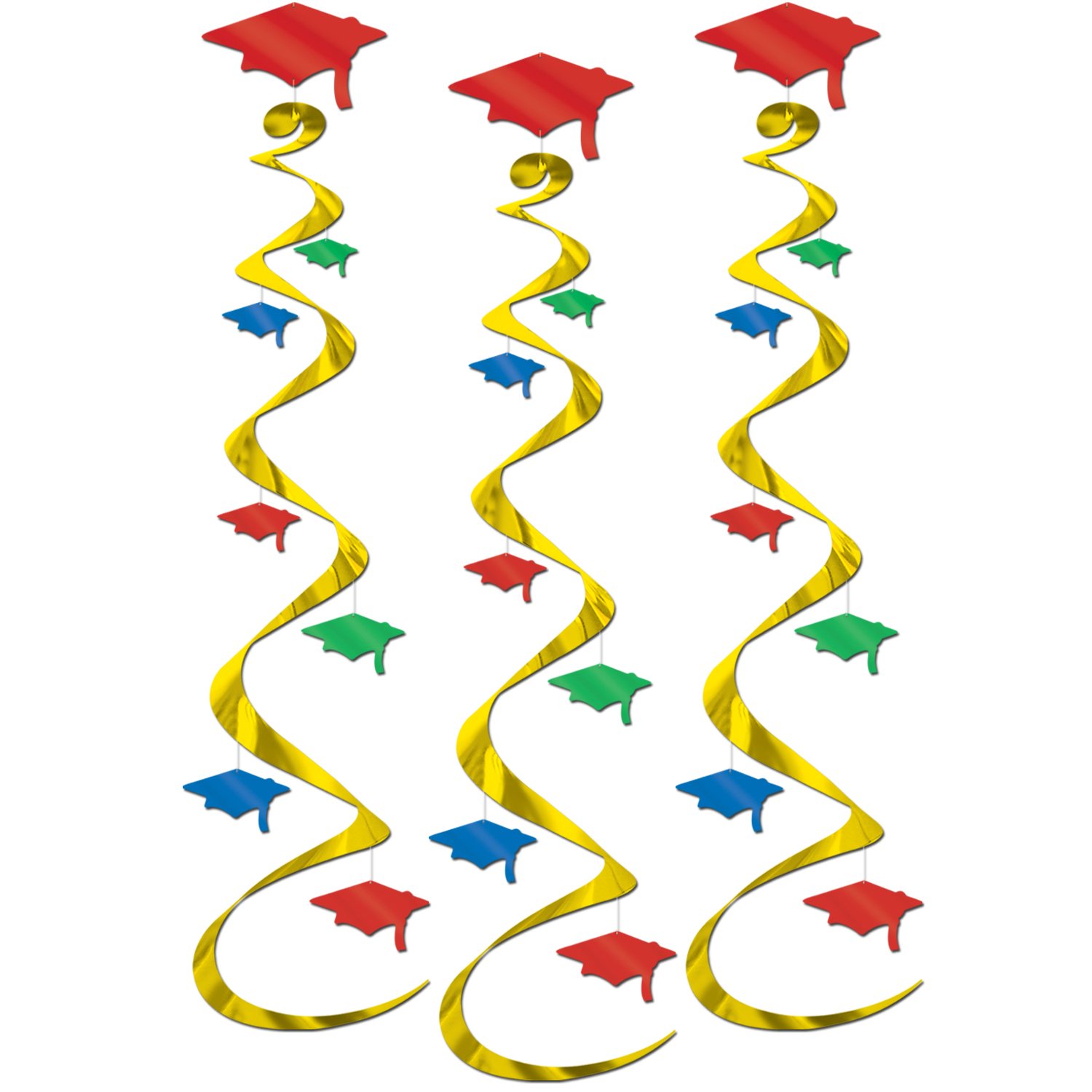 Grad Cap Whirls Abschluss-Deko - 3 Stück, Je 76,2 Cm Lang, Mit Schwarz-weißen Kappen & Silbernen Spiralen