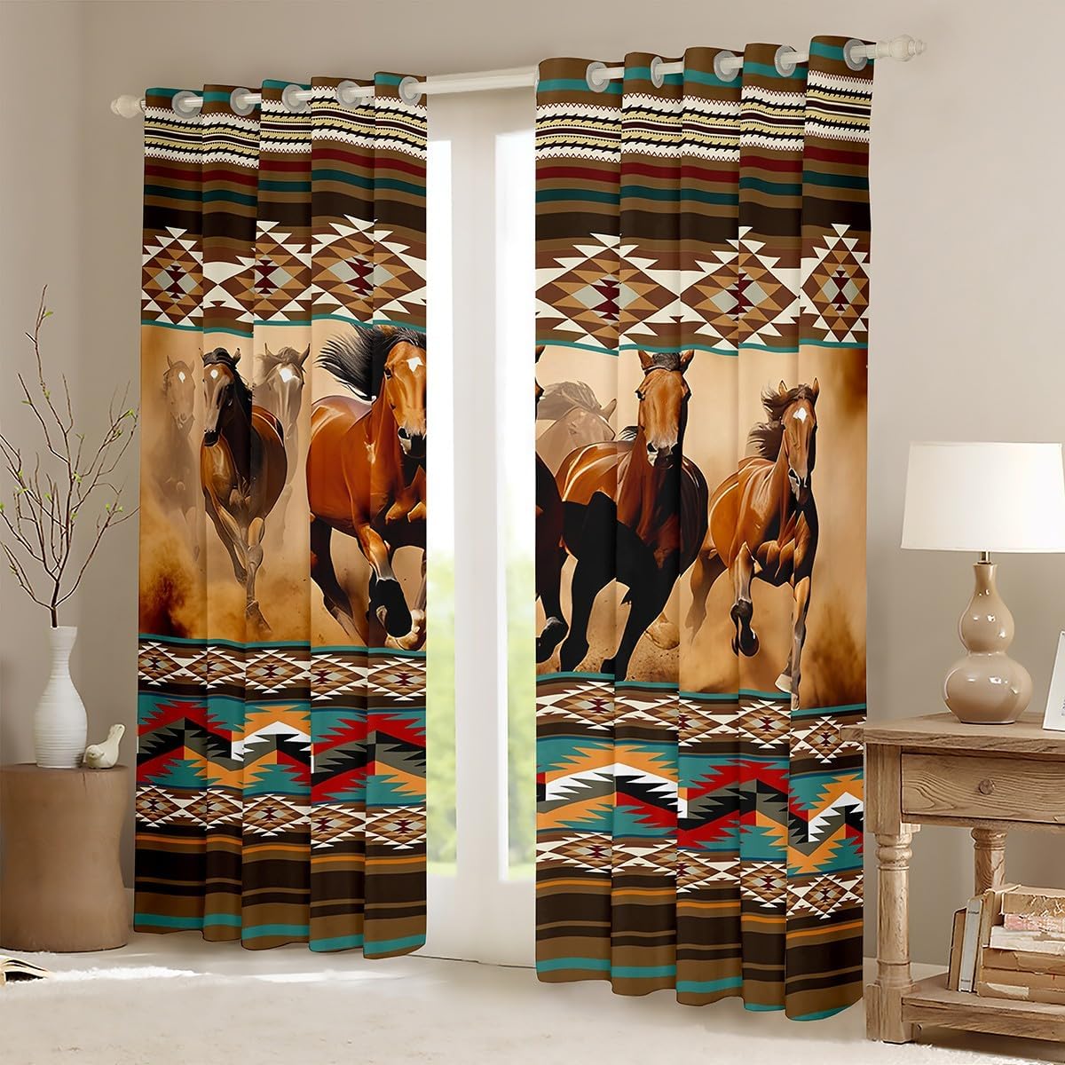 Feelyou Kids Southwestern Curtains for Bedroom Living Room (2 Panels, 52 x 90 Inch) Horse Darkening Drapes Decor Galloping Horse 30%-50% Blackout Curtains Western Tribal Window Treatments