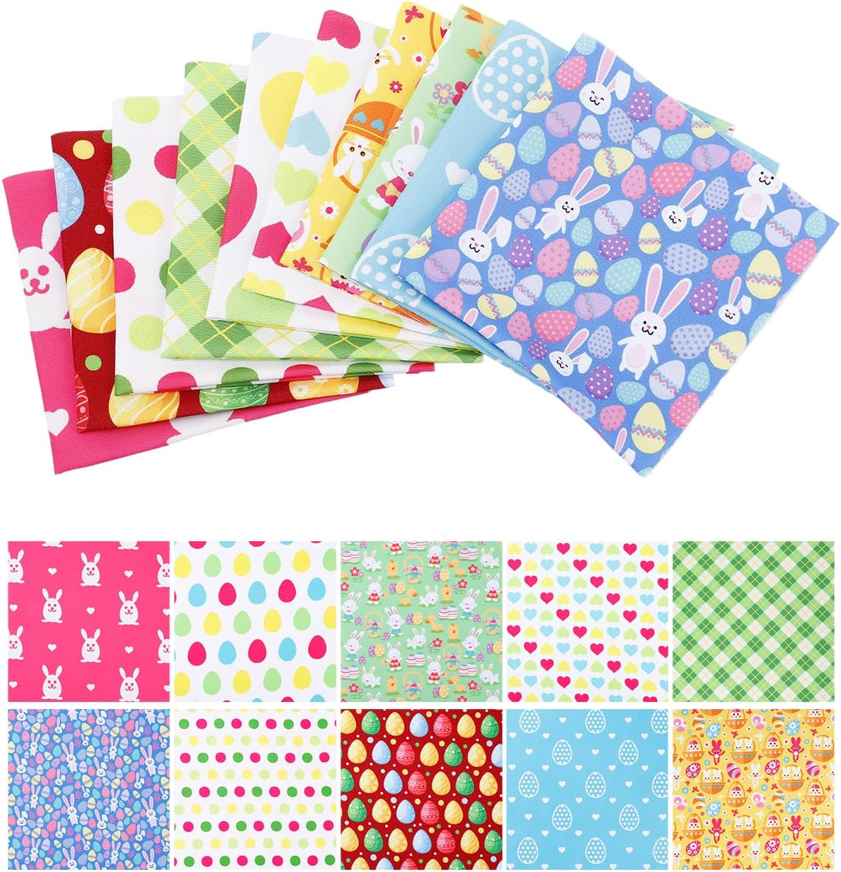 eZAKKA 10 Pack Easter Fabric Squares Set, Quilting Fabric Precut Spring Bunny Egg Carrot Printed Patchwork Fabric for Sewing, Quilt Blocks, DIY Crafting, Holiday Decor, 10 x 10 Inch