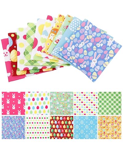 eZAKKA 10 Pack Easter Fabric Squares Set, Quilting Fabric Precut Spring Bunny Egg Carrot Printed Patchwork Fabric for Sewing, Quilt Blocks, DIY Crafting, Holiday Decor, 10 x 10 Inch