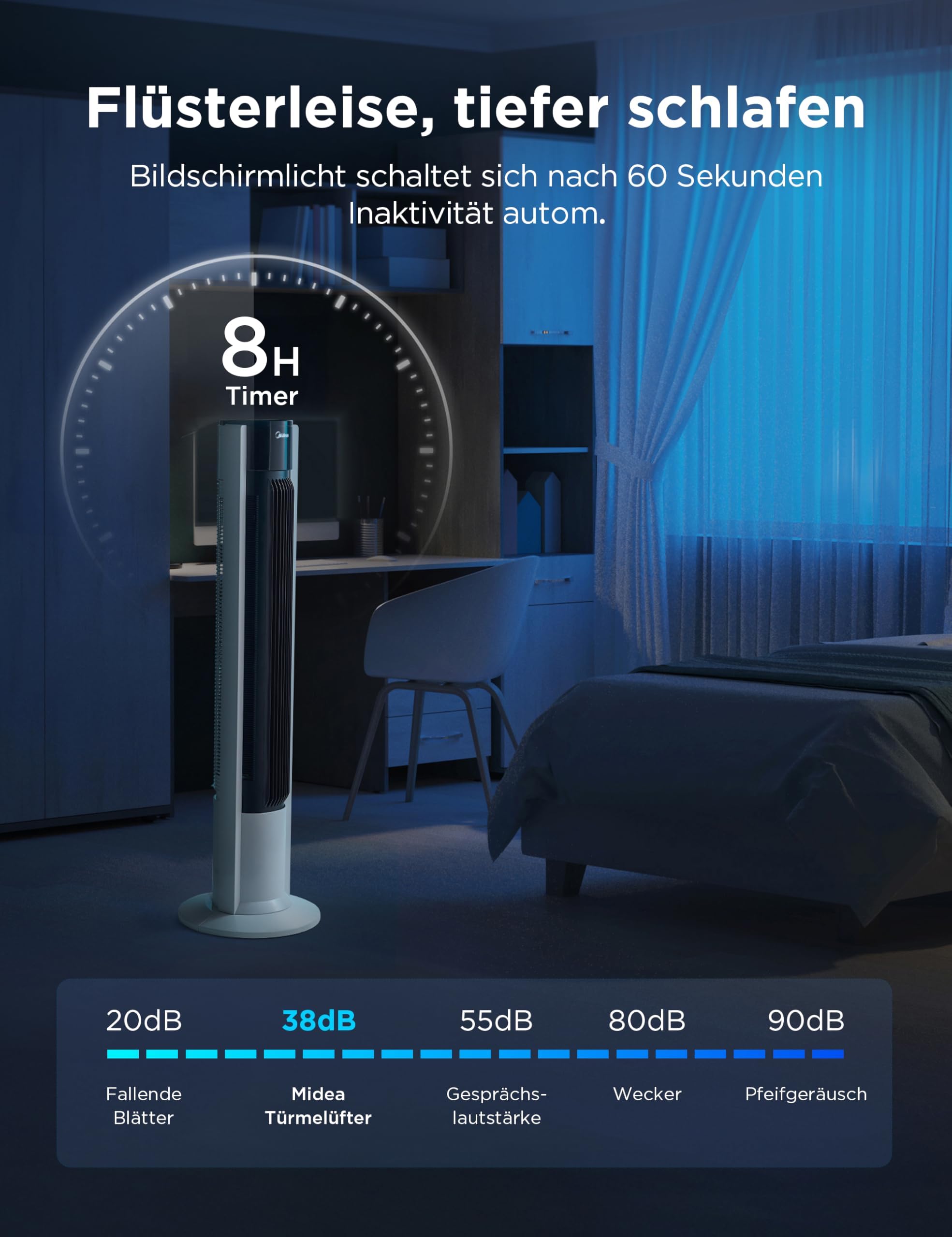 Midea FZ10-19BRA wentylator wieżowy, wytrzymały silnik miedziany, dopływ powietrza do wewnątrz, pilot zdalnego sterowania, 7-godzinny timer, wyświetlacz dotykowy i panel sterowania, trzy tryby i trzy