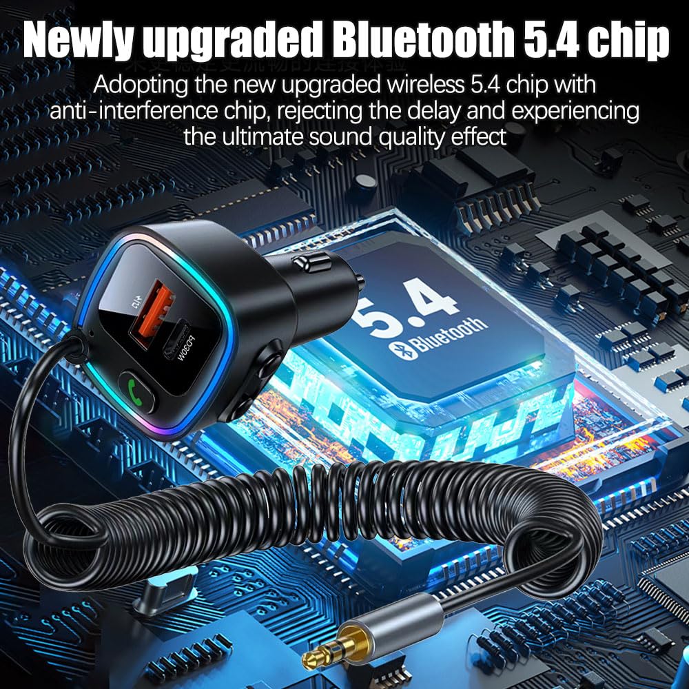Bluetooth Adapter Auto Aux 5.4 FM, Transmitter Auto Bluetooth, USB C Adapters Autos Zigarettenanzünder mit Spiralkabel Klinke 3.5mm, AutoLadegerät 42W (PD 30W&QC 12W)