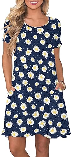 WNEEDU - Vestido informal de verano para mujer, vestido con vuelo tipo camiseta con manga corta y bolsillos