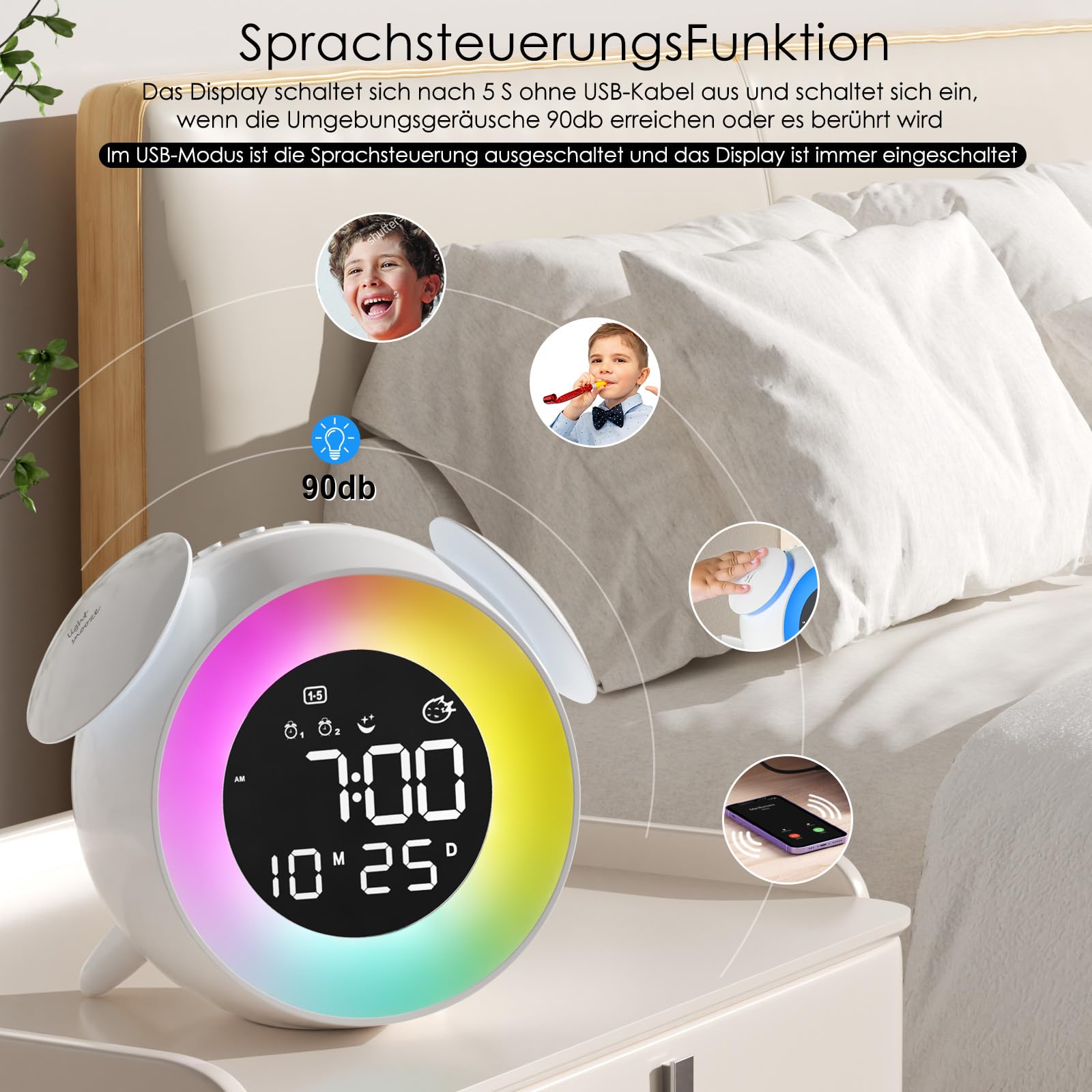Wecker Kinder Digital, Kinderwecker Schlaftrainer, LED Digitaluhr mit Doppelalarm, 10 Farblichten, Snooze, Werktagsmodus, 7 Klingeltöne, 12/24Std, Lichtwecker Für Mädchen Jungen