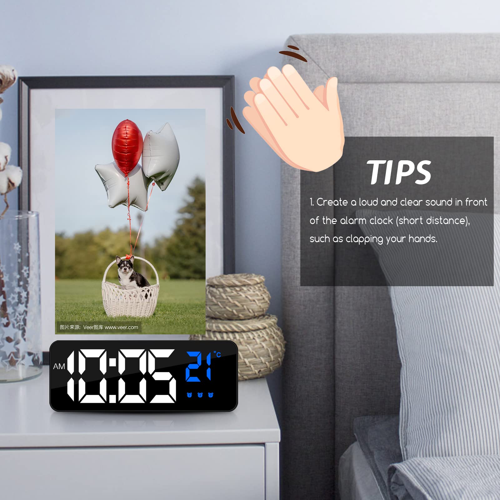 Jsdoin - Sveglia digitale, grande display a LED, con visualizzazione della temperatura, orologio da comodino USB/batteria con 3 sveglie modello Snooze, 12/24 ore, oscuramento automatico di notte,