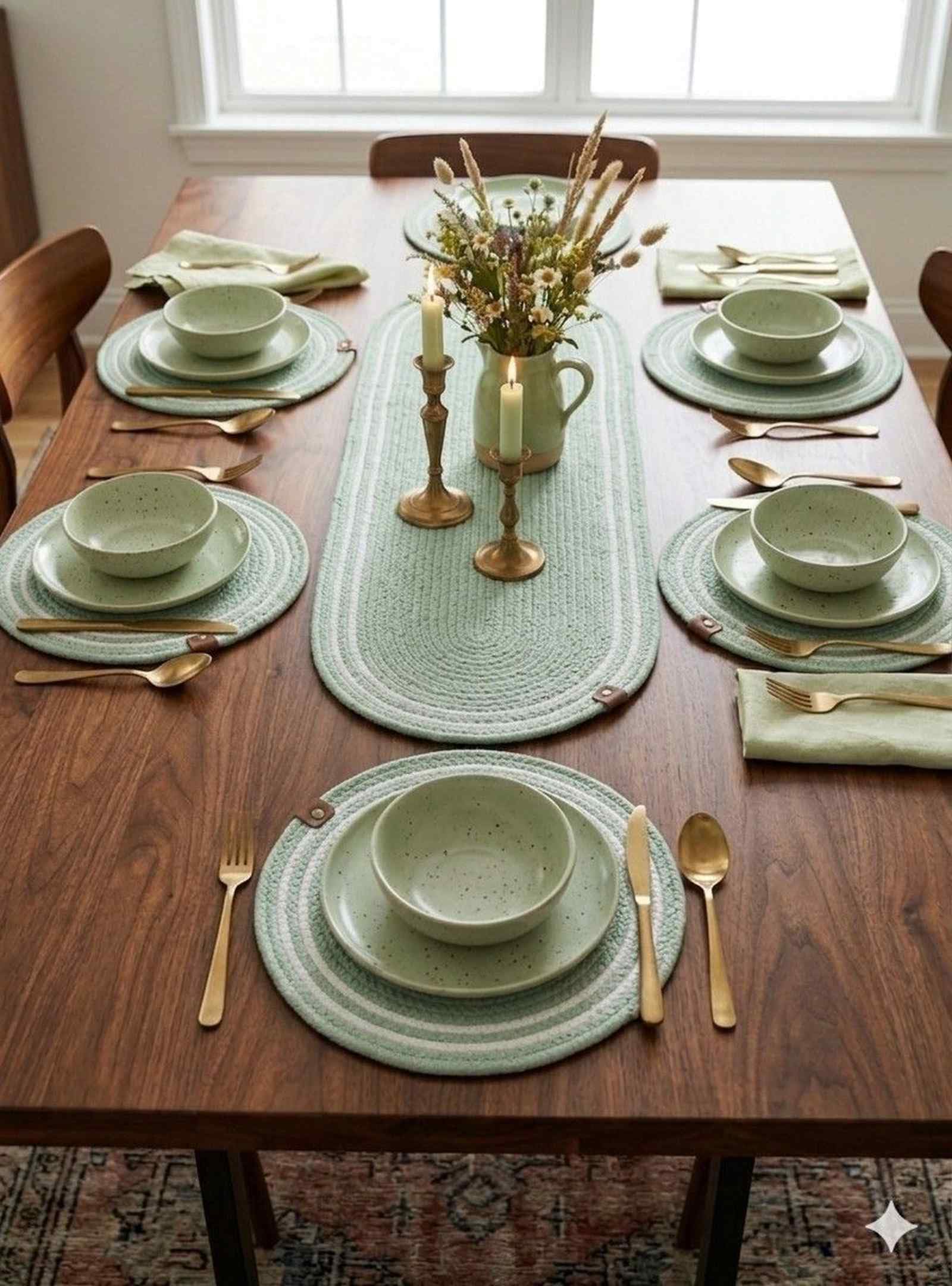 7-Piece Cotton Rope Dining Table Linen Set – 1 Oval Table Runner & 6 Round Placemats | Braided Handmade | (12*36) (12*12) (Light Green)-image-4