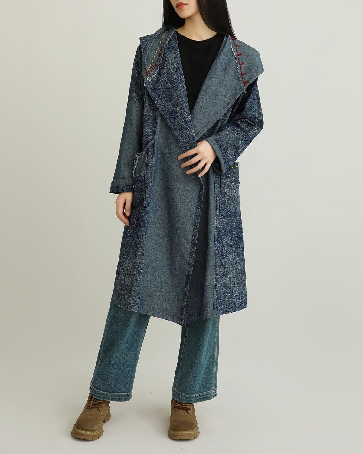 Women's Hooded Denim Coat Loose Fit Long Jacket with Tie Front & Patch Pockets Casual Fashion Outerwear - Image 3