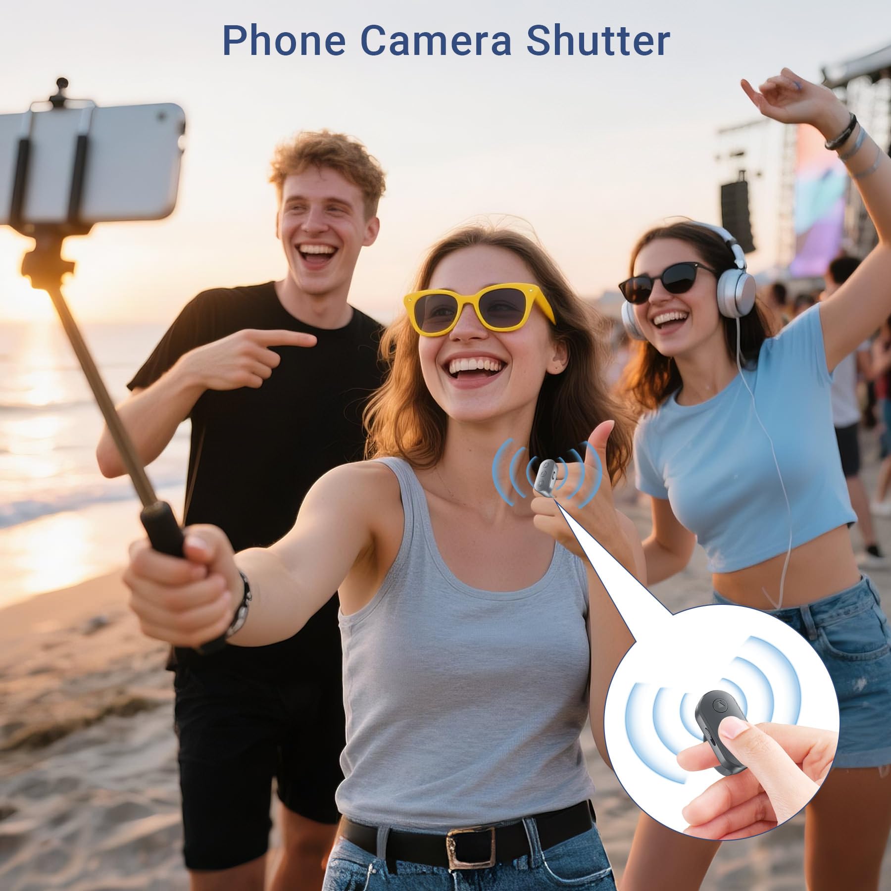 Telefonkamera-Ring-Fernbedienung mit Zoom/Out, wiederaufladbarer Auslöser mit Front-/Rückkameraschalter für iPhone, Android, iPad, Freisprech-Fernbedienung für Foto- und Videoaufnahmen, Content