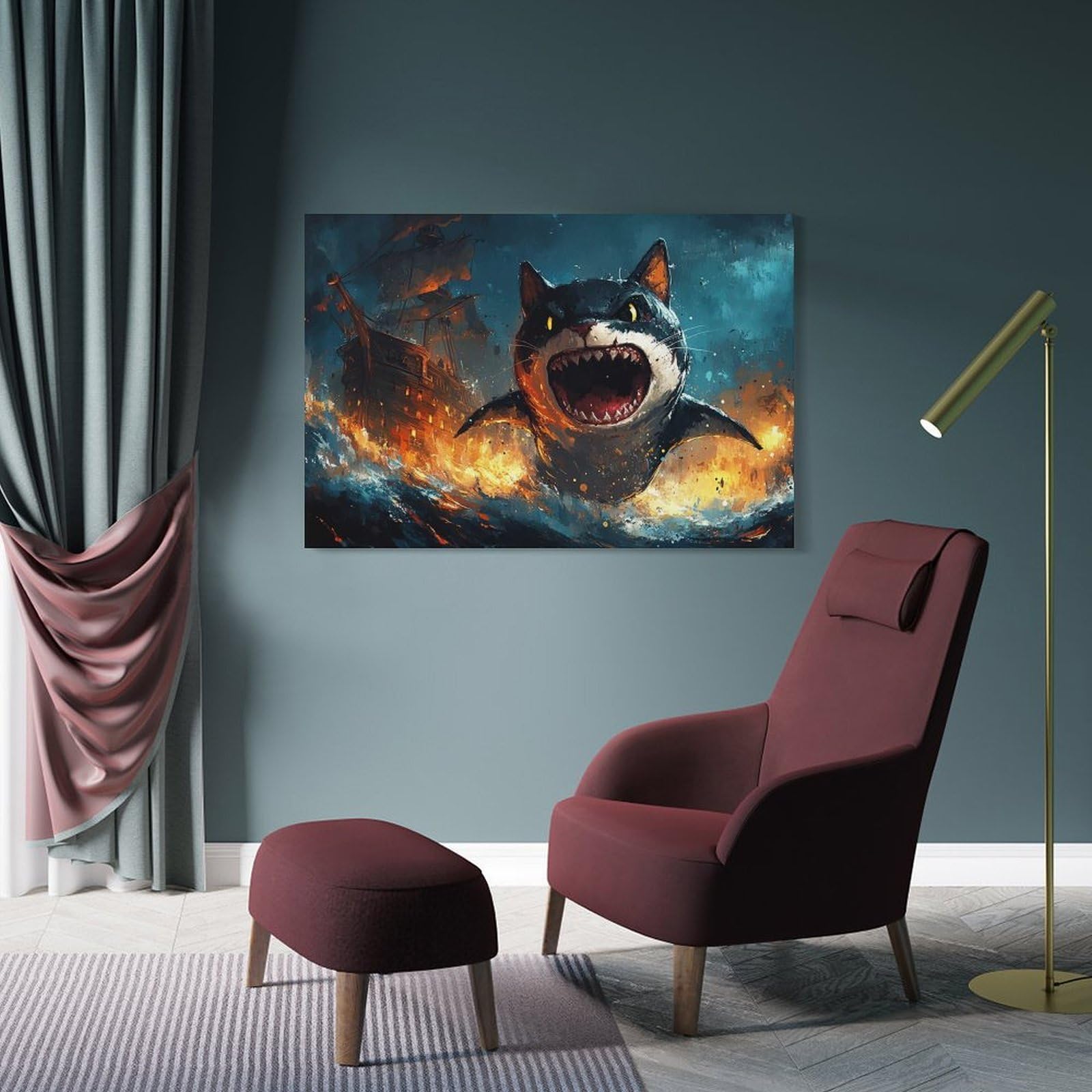 Junmoney Cat Shark Attack Decorative Wall Artwork 20x30inch(50x75cm), for Home Lounge, Bedroom Or Reading Nook, Modern Wall Decor for Cosy Interiors