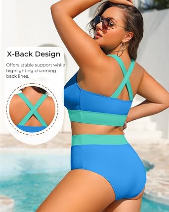 Plus Size Colorblock Two Piece High Waisted Bikini Set Scoop Neck Swimsuit | Flattering tummy control, Full coverage bottom, Soft removable padding, Stylish criss cross back,Non-slip wide straps