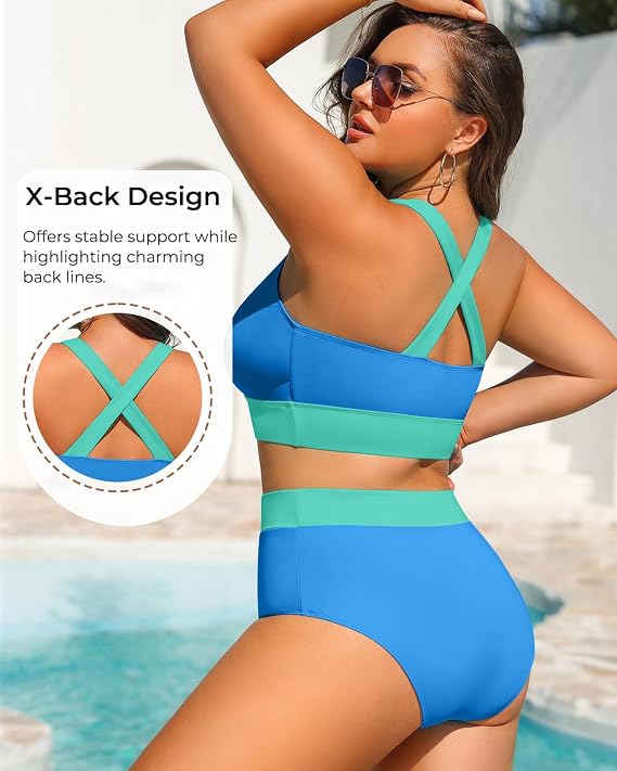 Plus Size Colorblock Two Piece High Waisted Bikini Set Scoop Neck Swimsuit | Flattering tummy control, Full coverage bottom, Soft removable padding, Stylish criss cross back,Non-slip wide straps