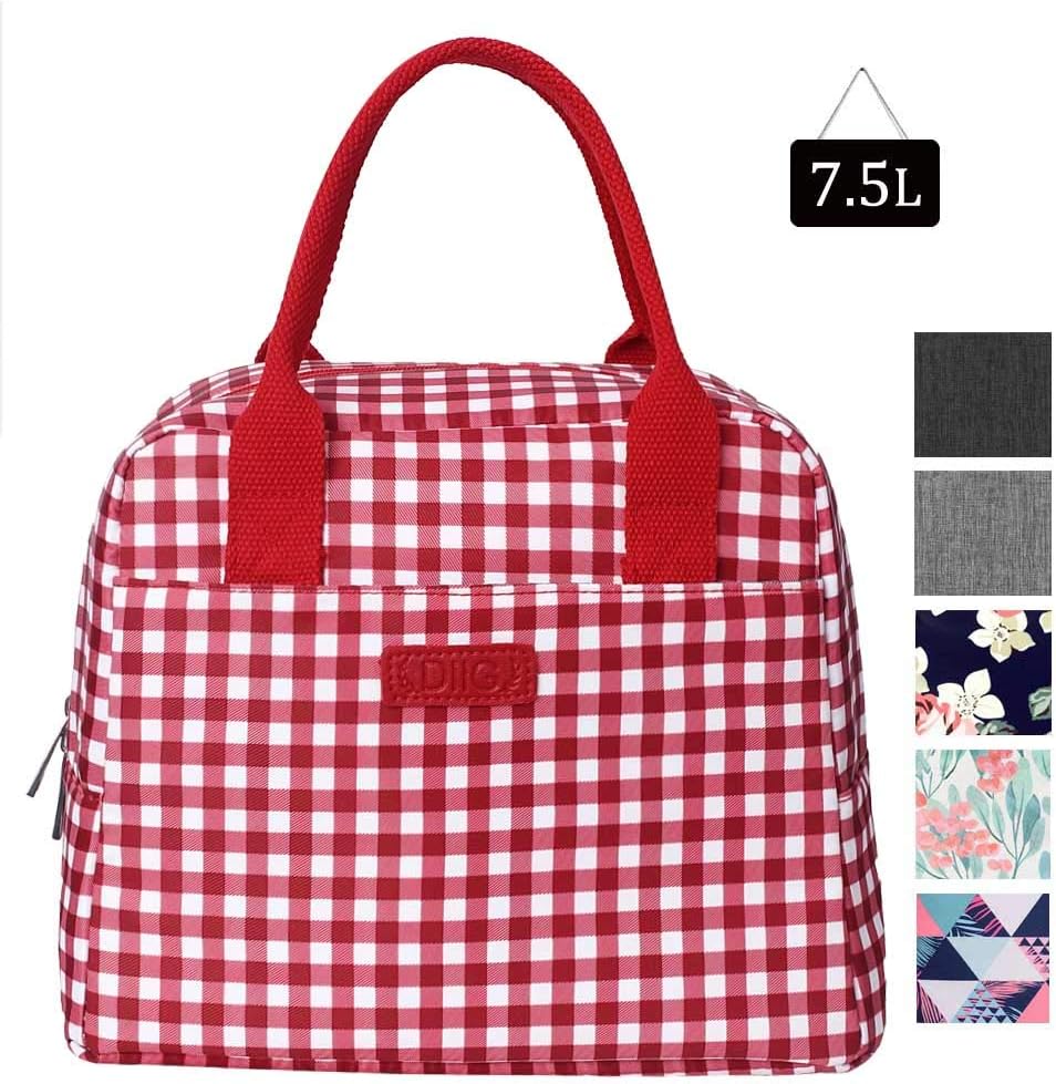 DIIG Lunch Box for Women, Insulated Lunch Bags for Women, Large Cooler Tote For Work, Floral Reusable Snack Bag with Pocket (Red)