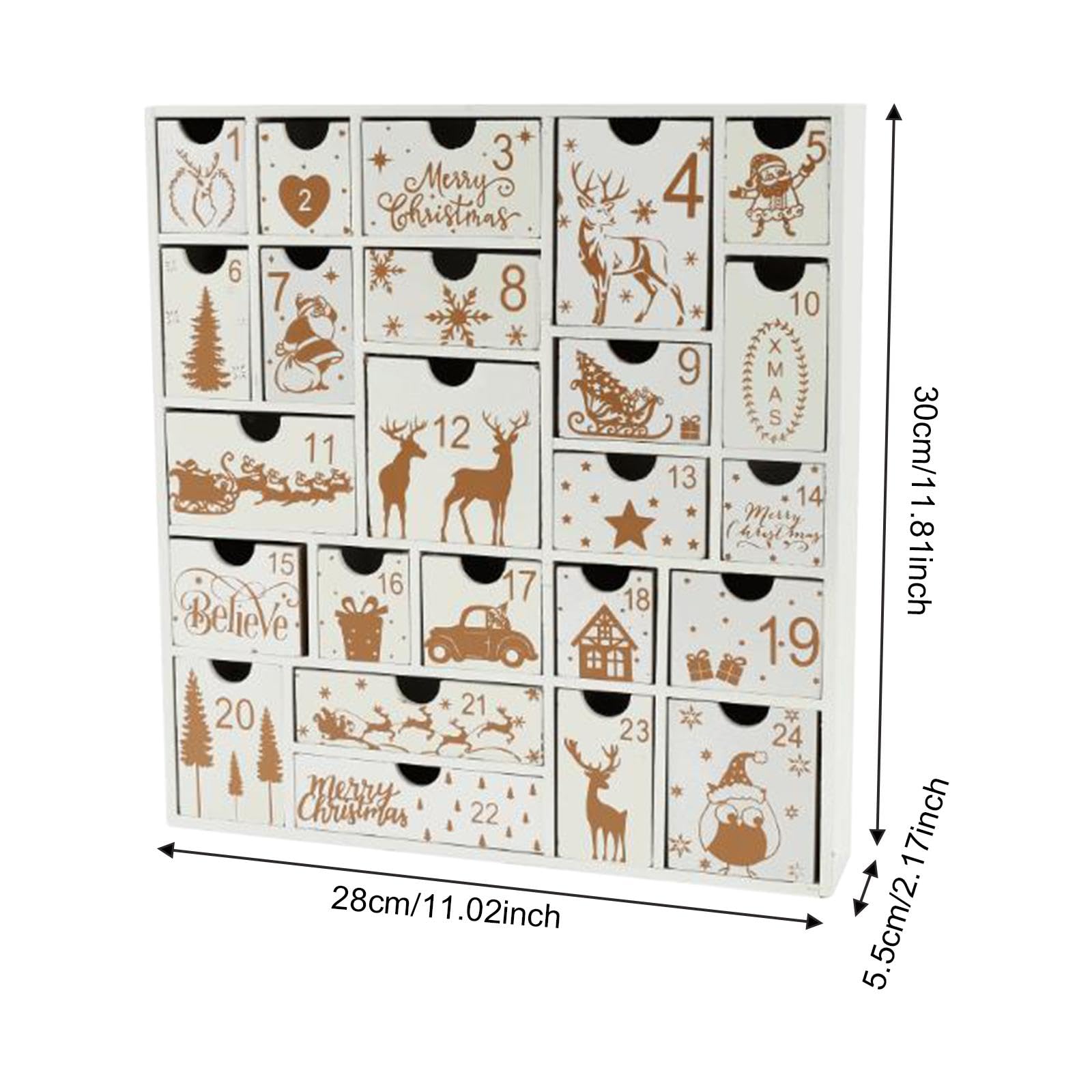 Adventskalender Holzbox 24 Aufbewahrungsschubladen Weihnachtsdekoration Geschenkbox Befüllbar Zählkalender für Kinder Erwachsene Wohnzimmer Büro Festl, Weiß
