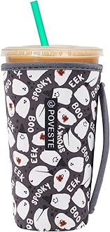 Reusable Neoprene Insulator Sleeve for Iced Coffee & Cold Soda, Coffee Sleeves for Iced & Hot Drinks, Cold Beverage Cooler Compatible with Starbucks, Dunkin (Halloween Boo, Large: 32oz)