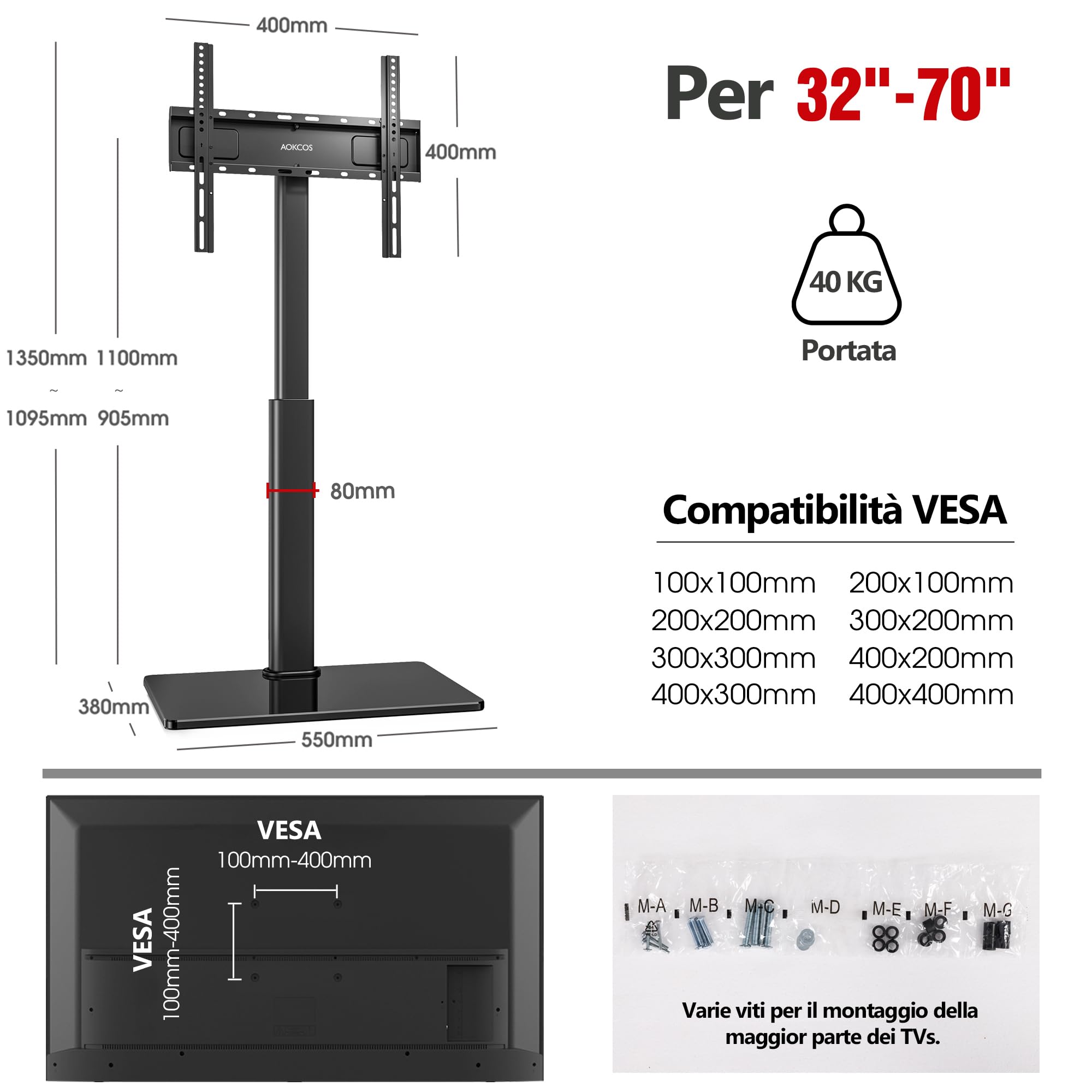 AOKCOS Supporto TV da Pavimento inclinabile per 32-55 65 70 Pollici, Girevole & Altezza Regolazione Mobile Porta TV da Terra, Max VESA 400x400mm 40kg