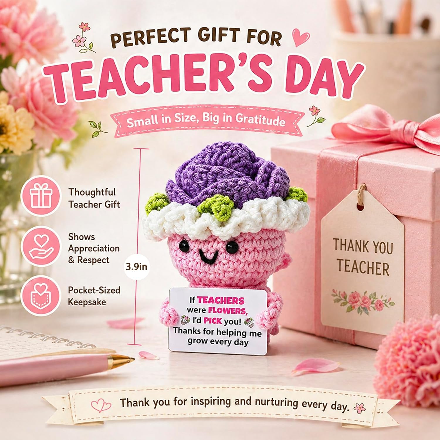 Pink Teacher Appreciation Gifts for Women Handmade Crochet Flower Bouquet with "Helping Me Grow" Cute Knitted Desk Decor, End of Year Thank You, Retirement & Birthday Gift for Preschool Kindergarten