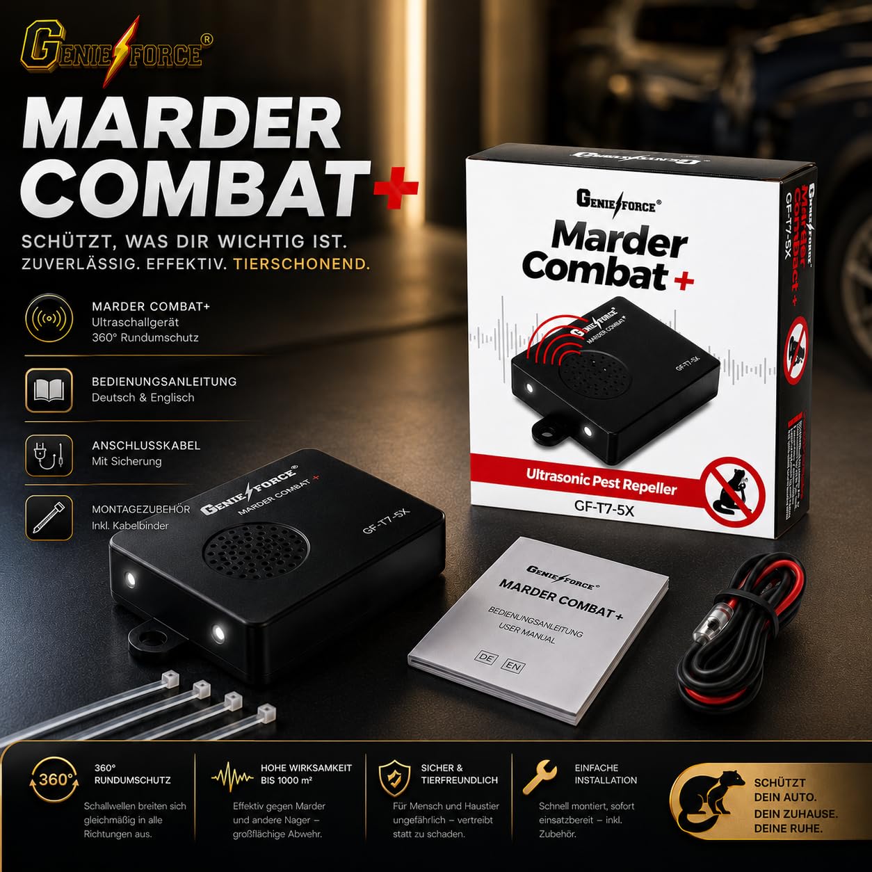 Genieforce [2 Set] Marder Combat+ Marderschutz, Marderschreck Ultraschallgerät, Marderabwehr fur Autos und Kraftfahrzeuge - GF-T7-5X
