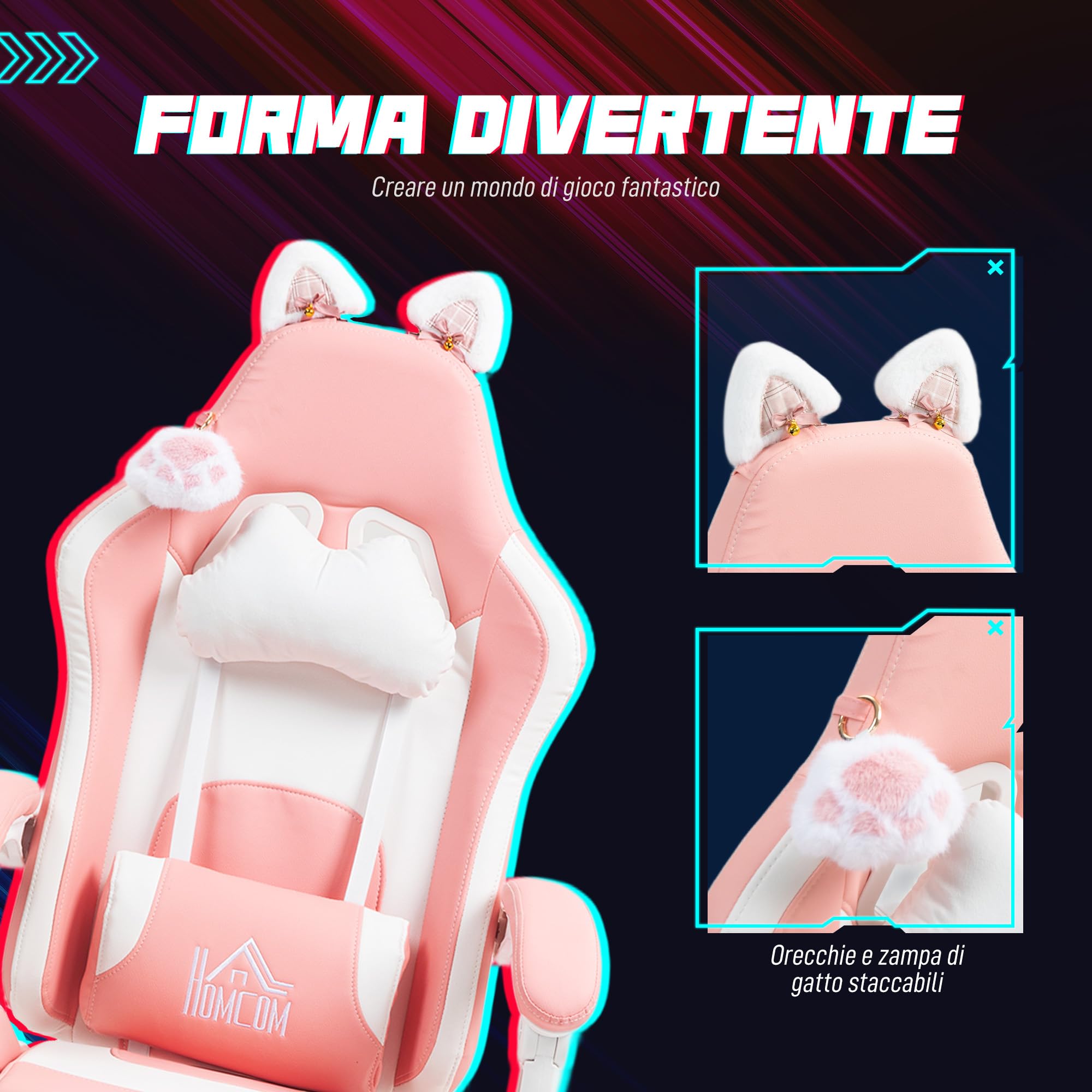 HOMCOM Sedia Gaming Ergonomica con Orecchie da Gatto, Poltrona Gaming Ufficio Reclinabile in Finta Pelle con Poggiapiedi, Poggiatesta e Altezza Regolabile, Supporto Lombare e Cervicale, Rosa