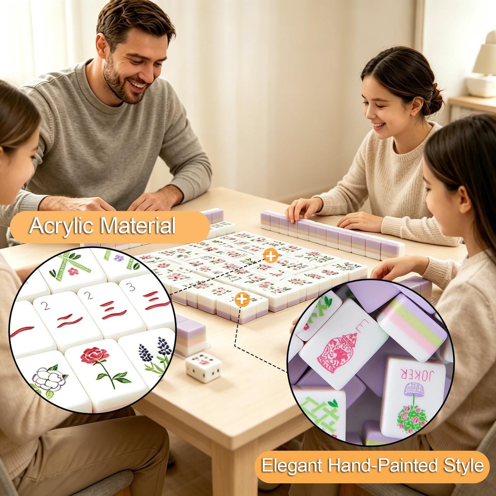 Zestaw Kafelków Mahjong 4 Warstwy Amerykański Mahjong | 3 Kostki Zestaw Mahjong 160 Sztuk Premium Wzór do Domu i Spotkań(Floral)