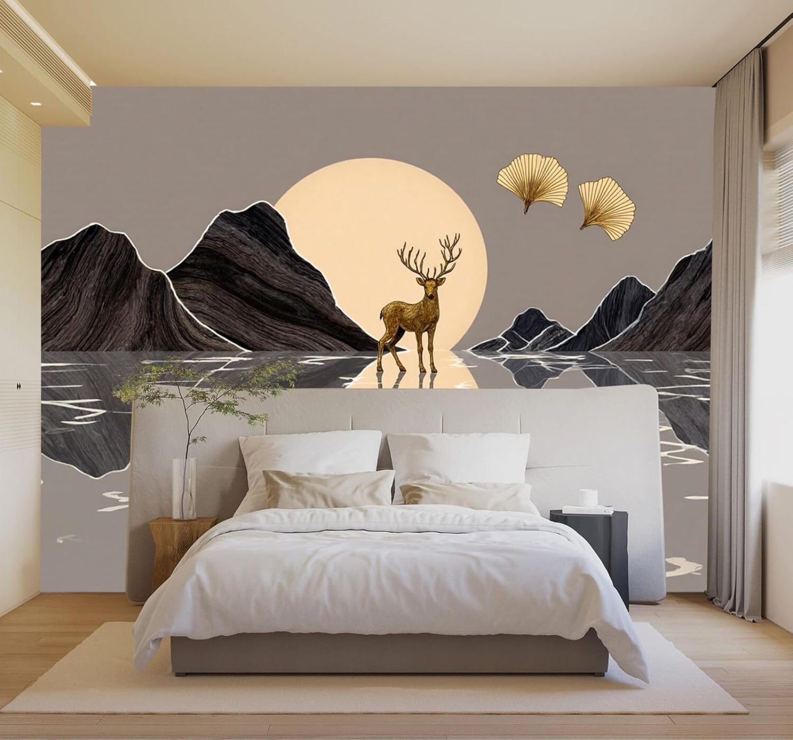 Xlming 250Cm×170Cm(B×H) Golden Deer Moon Mountains Ginkgo Leaves Reflection 3D Wallpaper Silky Texture Home Study Office Grey Dining Room Sofa Bedroom Living Room Tv Backdrop-250Cm×170Cm