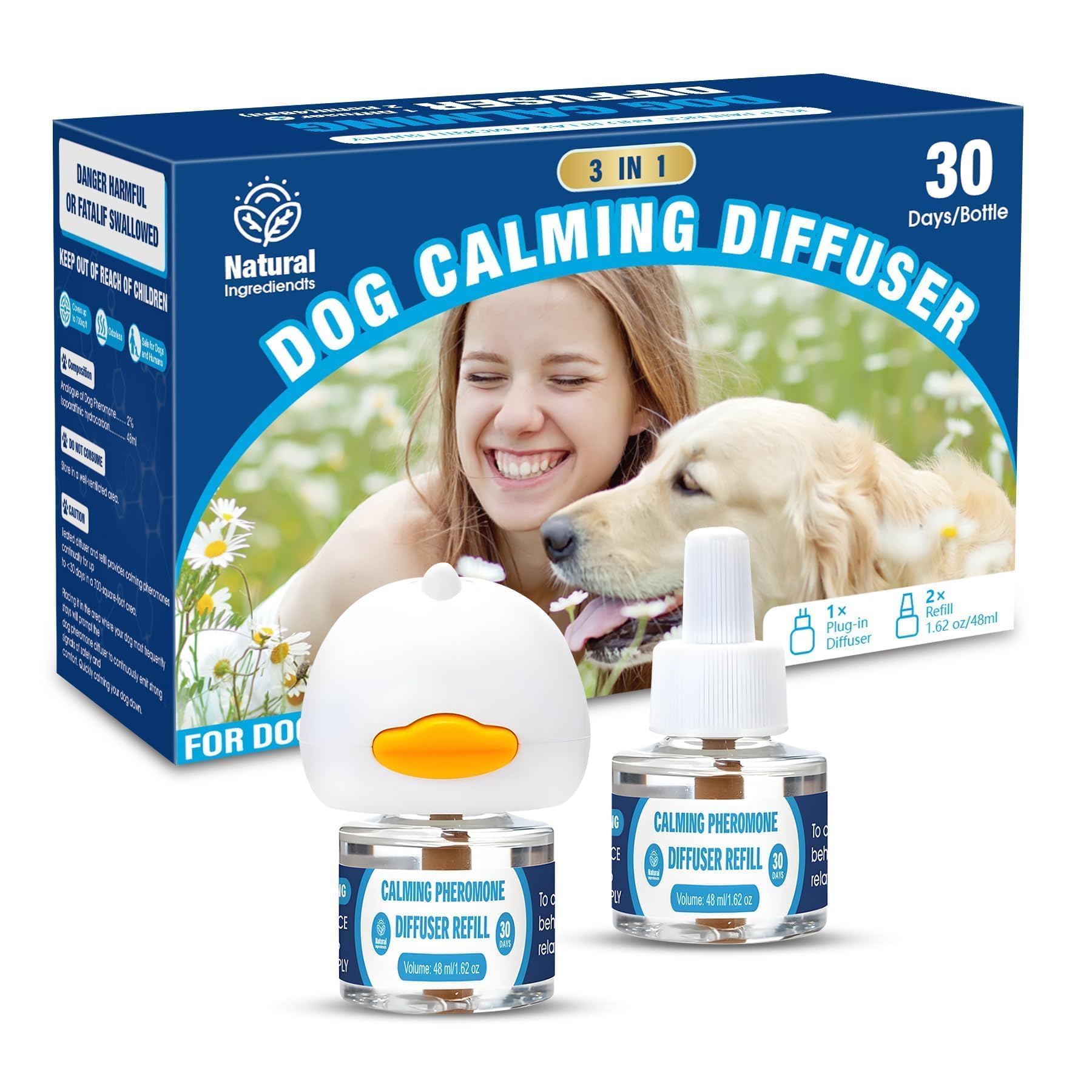 Dog Calming Pheromones Diffuser: 3-in-1 Kit Appeasing Pheromone Diffuser to Calm (1 Plugin+2x48ml Refills) for Comfort Reduces Stress Anxiety, Long-Lasting Appeasing Pheromone for Pet Dog Cat (3in1)
