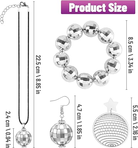Miniatura 2 de 4 piezas de accesorios de bola de discoteca aretes de bola de discoteca para mujer, pulsera de bola de espejo de discoteca de los años 60 y 70,