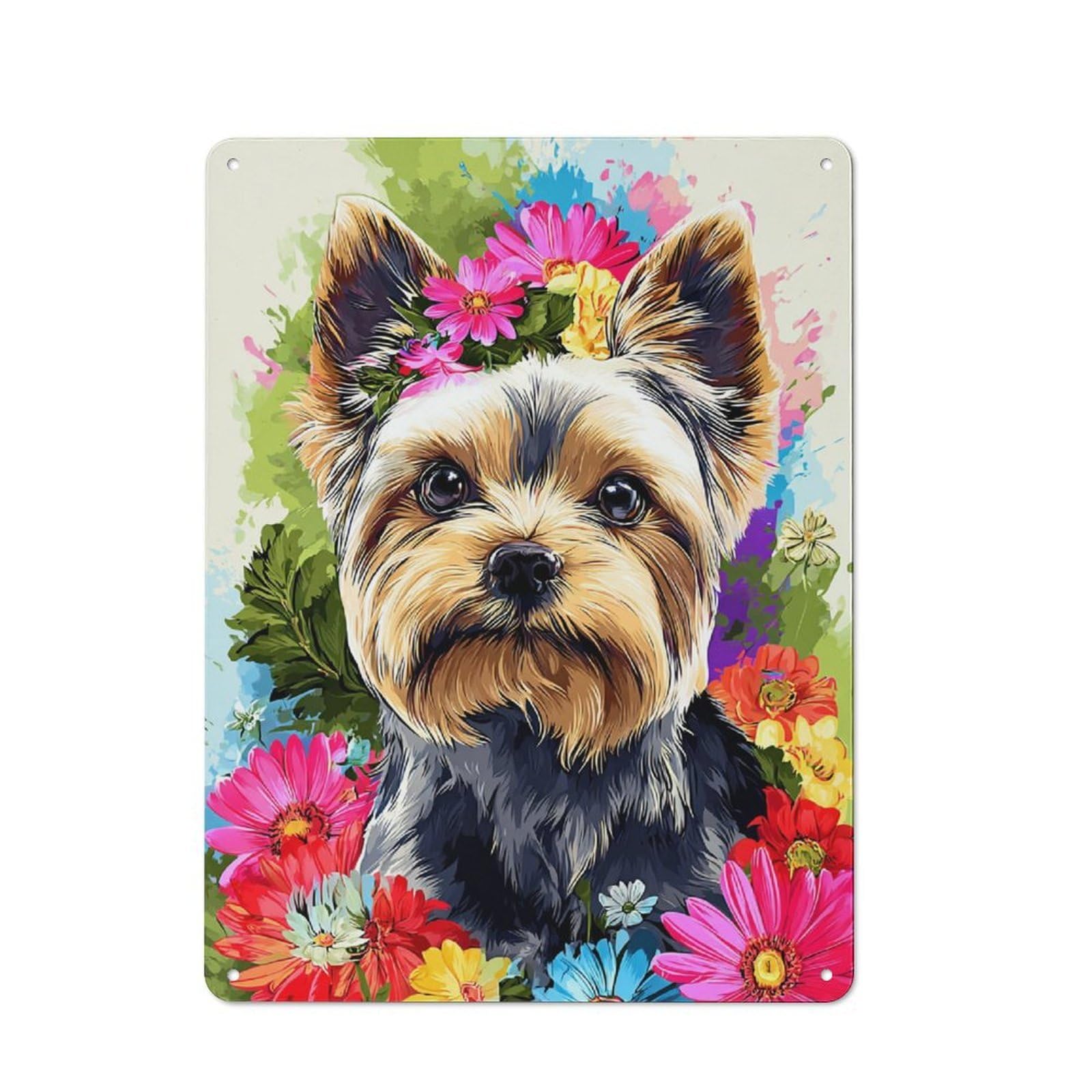 Junmoney Floral Yorkshire Terrier Portrait -1 Warehouse Style Tin Wall Sign 40X30cm Featuring Loft Wall Plaque For Loft, Studio, Office Or Creative Room