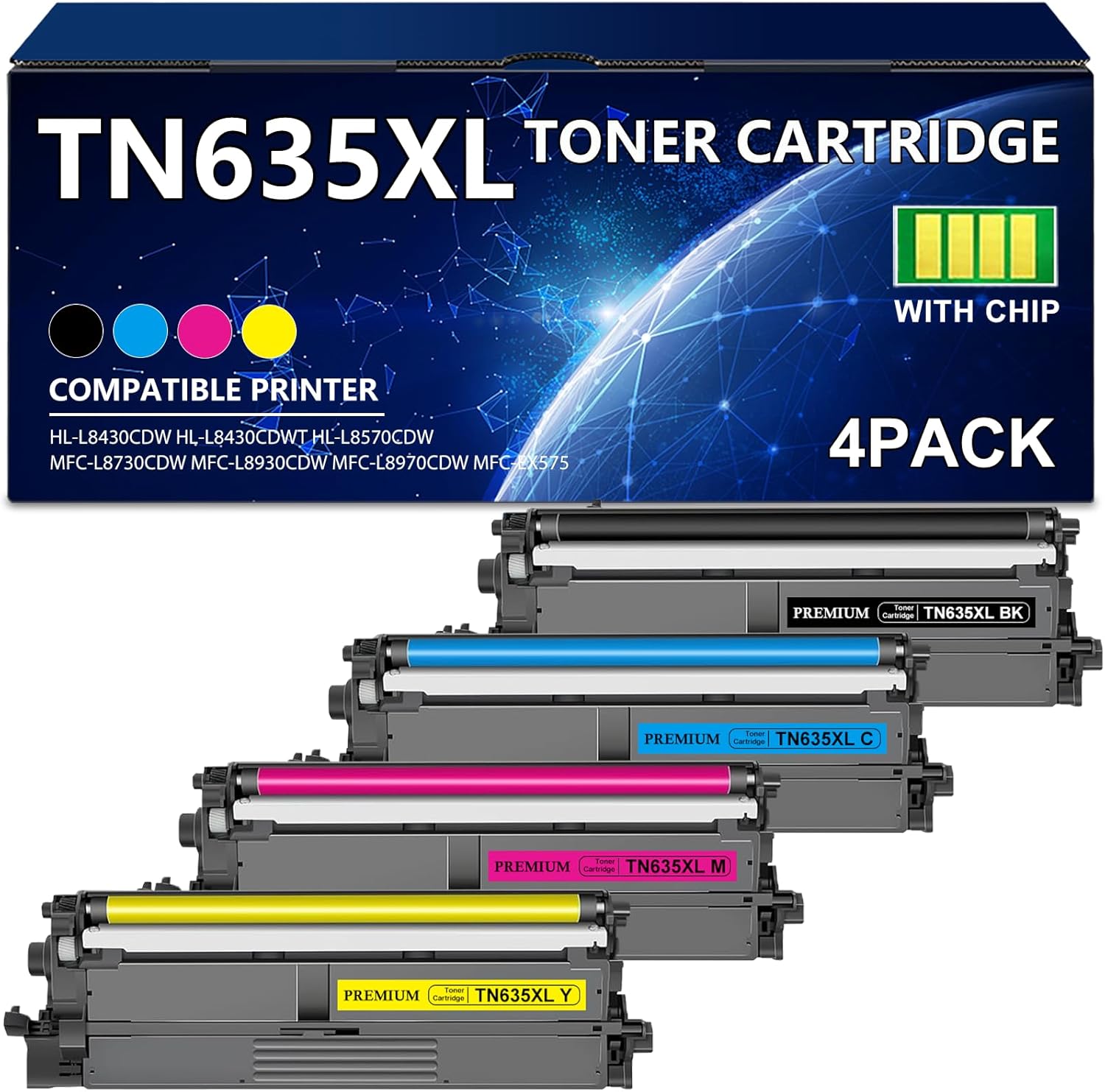 TN635XL TN635 Toner Cartridge Set (with Chip) 4 Pack Replacement for Brother TN635 TN635XL Toner Cartridge Compatible for HL-L8430CDW HL-L8570CDW MFC-L8930CDW MFC-L8730CDW Printers (BKCMY)