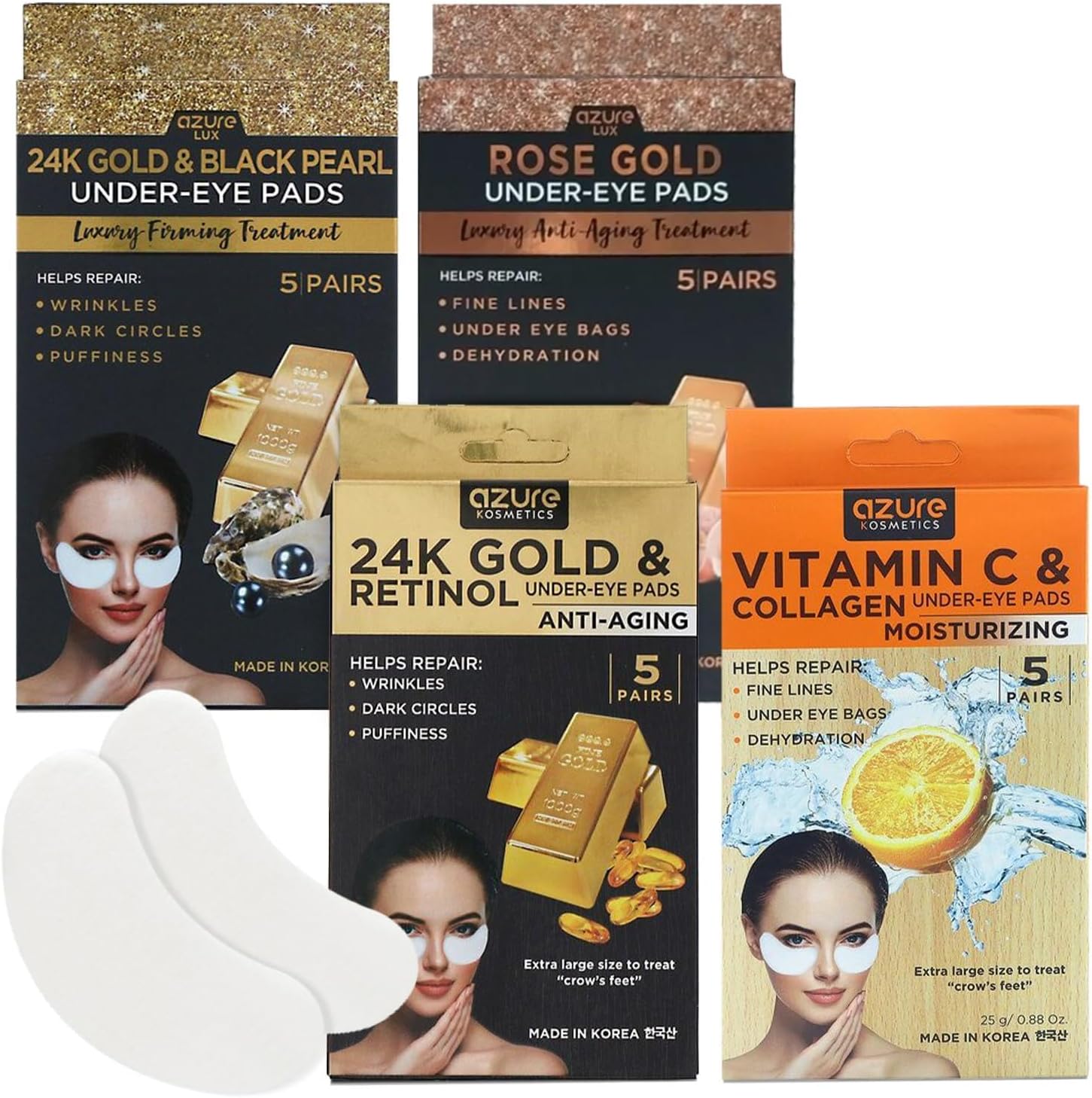 AZURE Under Eye Patches - Variety Pack (20 pairs) - Vitamin C & Collagen, 24K Gold/Retinol, Black Pearl, Rose - Anti-Aging - Fine Lines & Wrinkles Treatment, Dark Circles & Puffiness Under Eye Pads
