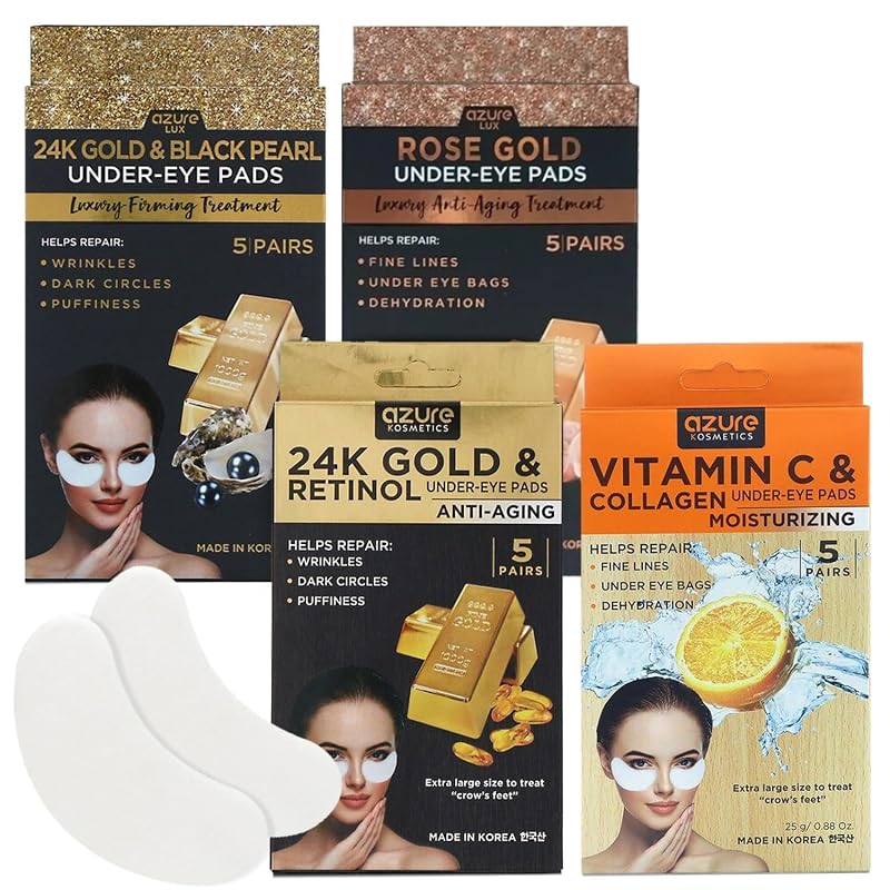 Azure Cosmetics Patches para a Região dos Olhos, Variedade com 20 pares, Vitamina C e Colágeno, 24K Gold/Retinol, Black Pearl e Rose