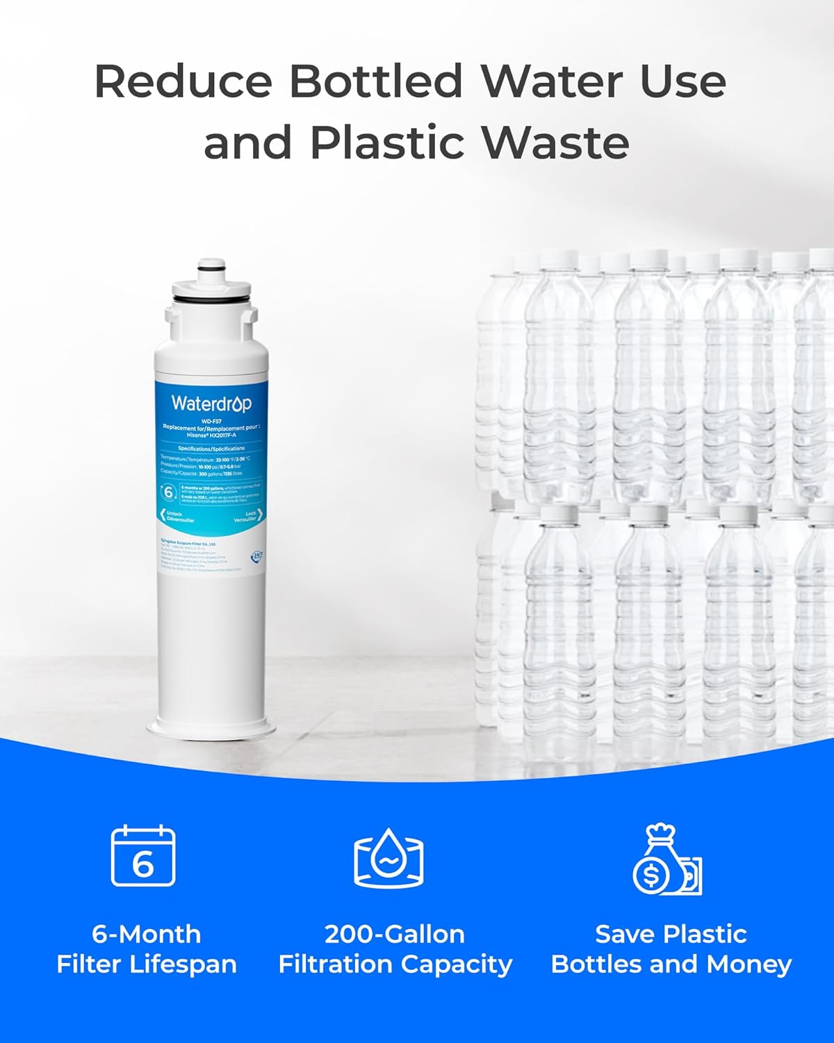 Waterdrop HX2017FR-A Refrigerator Water Filter, Replacement for Hisense® HX2017F-A, HRF266N6CSE1, HRF266N6CSE, HRF209N6CSE, HRF254N6TSE, HRF254N6DSE Twist-In Refrigerator Water Filter, 2 Pack
