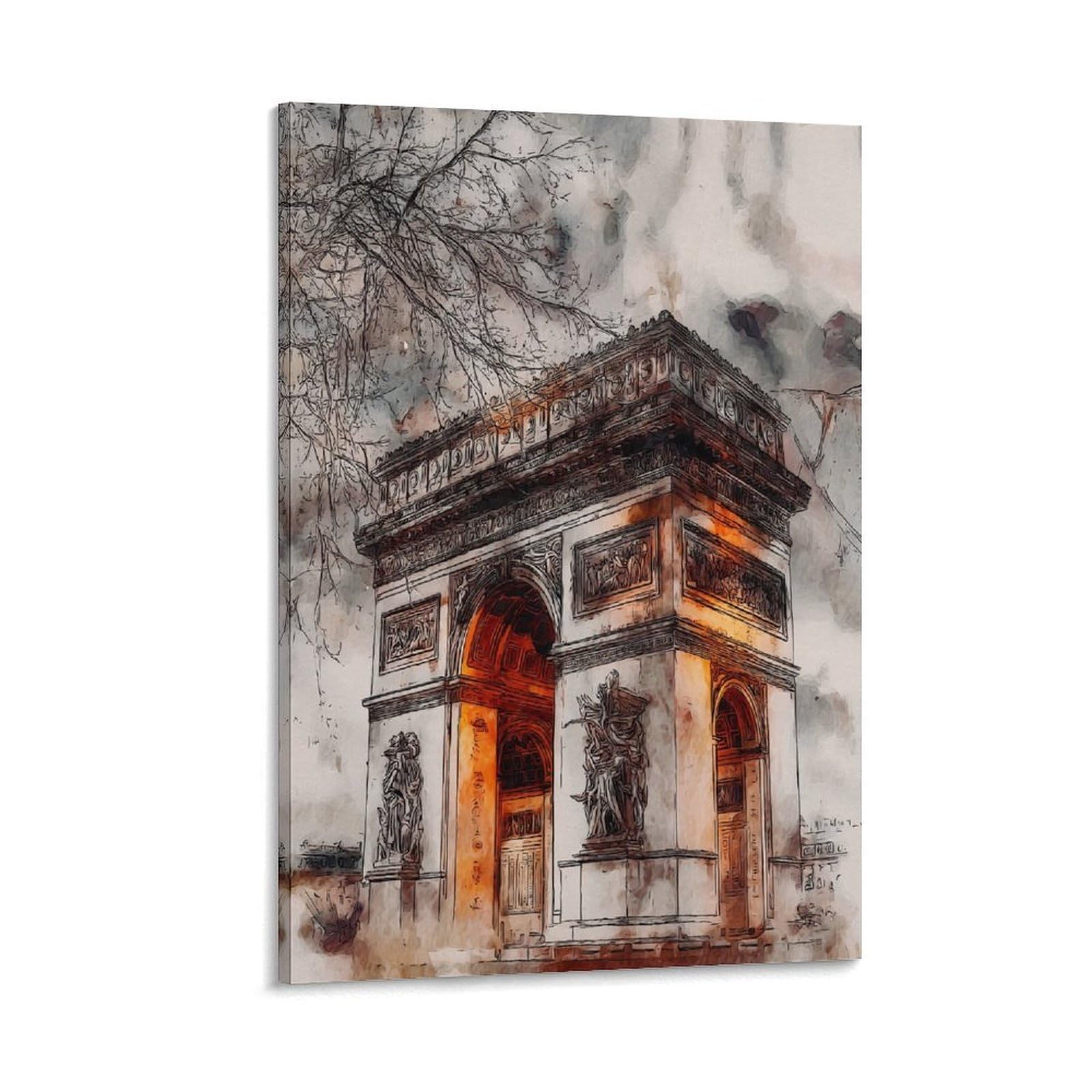 Lcynnh Frame-Style Paris France Arc De Triomphe 24X36inch(60X90cm) Vintage Travel Poster Watercolor Canvas Art
