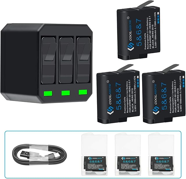 COOLSHOW HERO 7 6 5 Battery 1500mAh Rechargeable Battery(3 Packs) Replacement and 3 Channel USB Battery Charger for GoPro Hero 7 6 5 Black, Hero(2018),Hero 8,HERO 8 Black,AHBBP-501