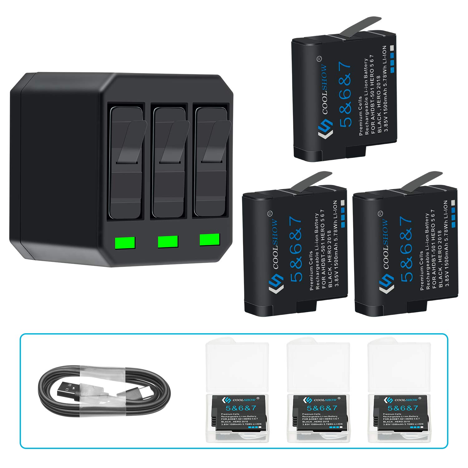 COOLSHOW Hero 7 6 5 Batterie 1500mAh (3 pièces) et Triple Hero 7 Chargeur Set Compatible avec GoPro Hero 7 Black,GoPro Hero 6 Bl