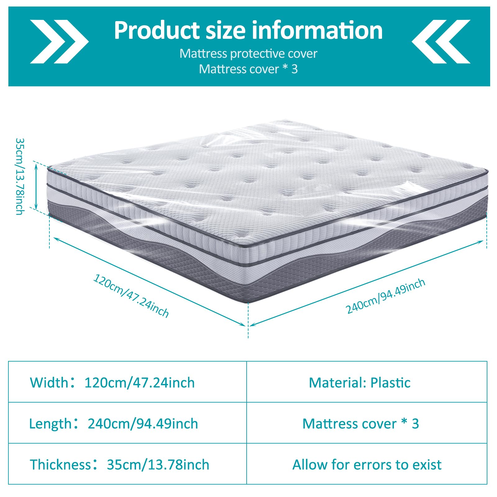 3Pcs Plastic Mattress Bag for Moving Storage Foldable Waterproof Mattress Protector Cover, Heavy-Duty Mattress Moving Supplies (47.24x94.49x13.78 inch)(Transparent Color,3)