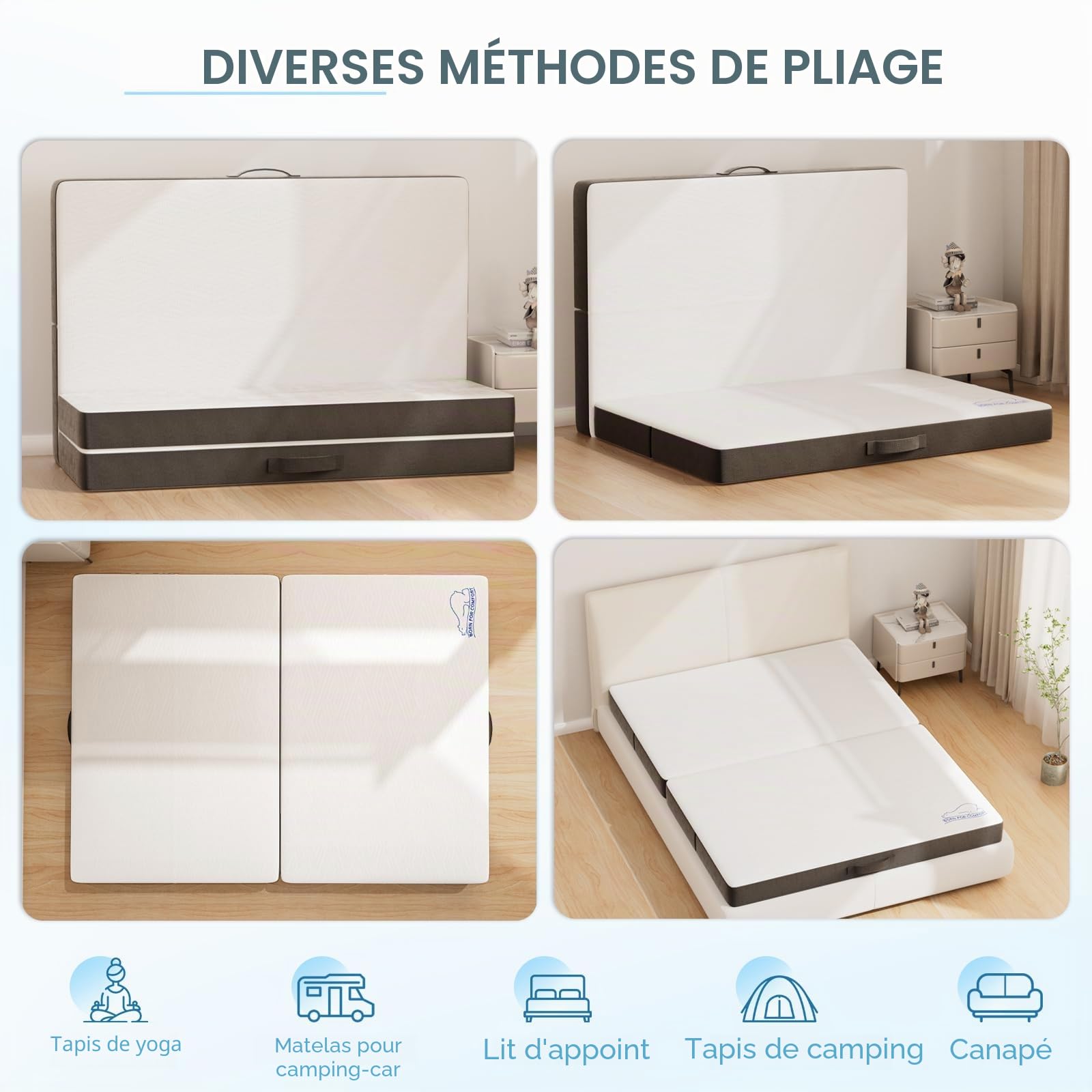 wowttrelax Matelas Pliant Double, Matelas de Sol Pliable 10 cm Lit Double, Pliage en 4 Rangement Facile Avec Housse Lavable et Soulagement de la Pression pour Camping, Caravanes, Invités (135x190x10cm