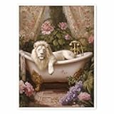 Lion Canvas Wall Art Print – White Lion Relaxing in Elegant Bathtub with Floral Jungle Background, Dramatic Living Room & Bedroom Decor Poster-11x14Inch Ready to Hang (Unframed)