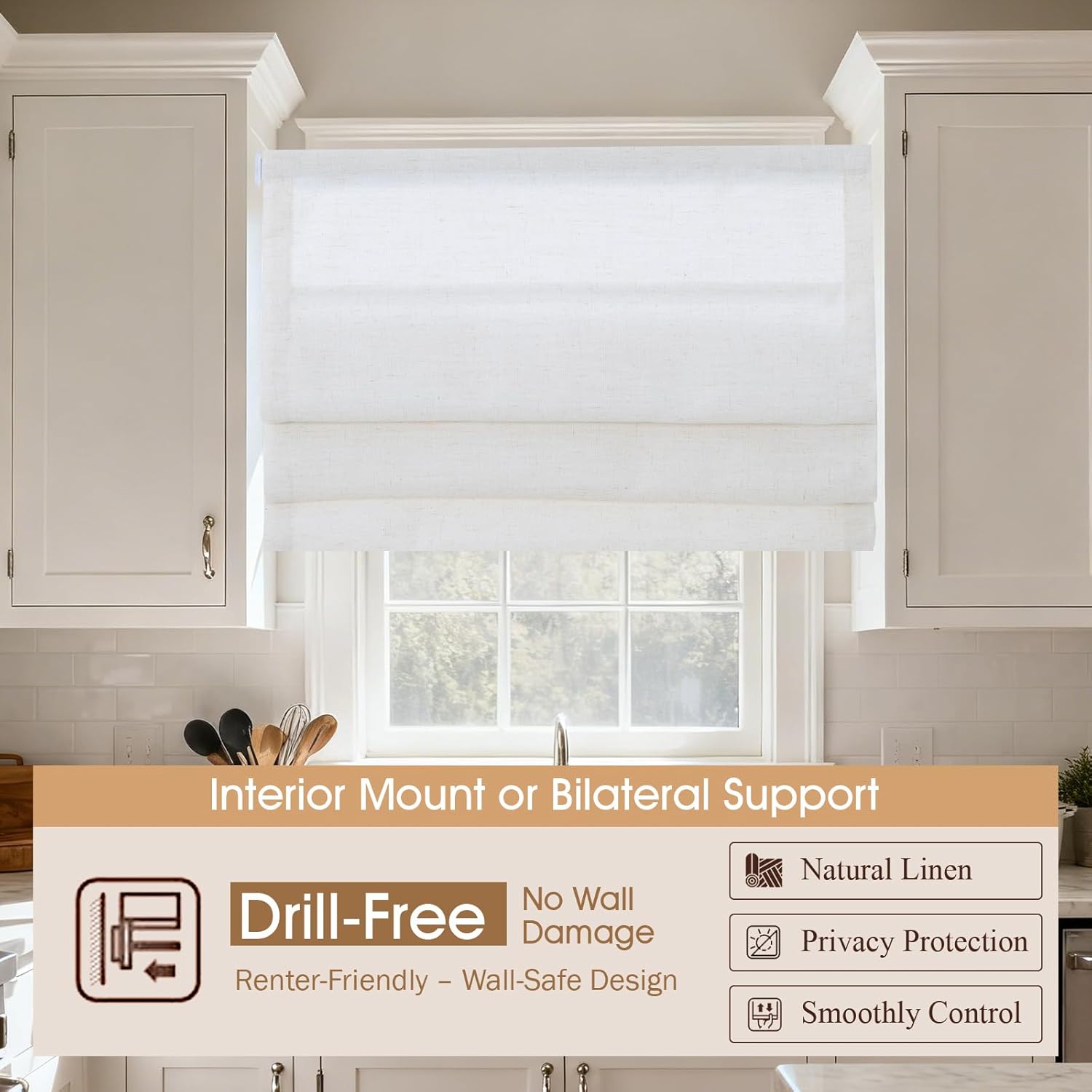 No Drill Roman Shades for Windows, Cordless Roman Shades Fabric Light Filtering, Blackout No Tools Blinds for Indoor Windows,Window Shades for Home Office, Badroom, Kitchen，Snow White