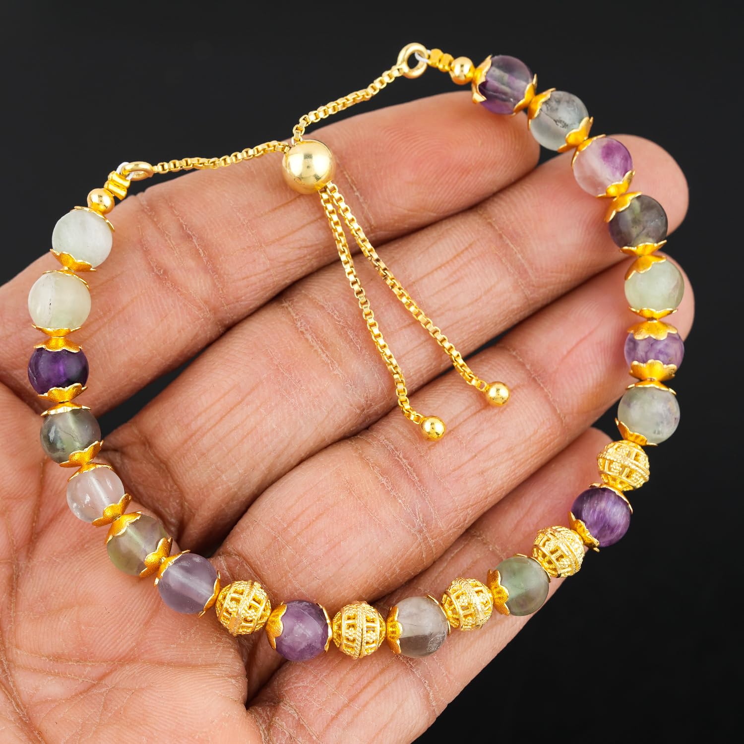 ColouredRocks Ancient Fluorite Beads Bracelet, Beaded Strand, Gemstone Crystals Beads, Trendy Bracelet, Daily Wear Women Jewelry, Gold Plated Slider 10 inch - Image 5