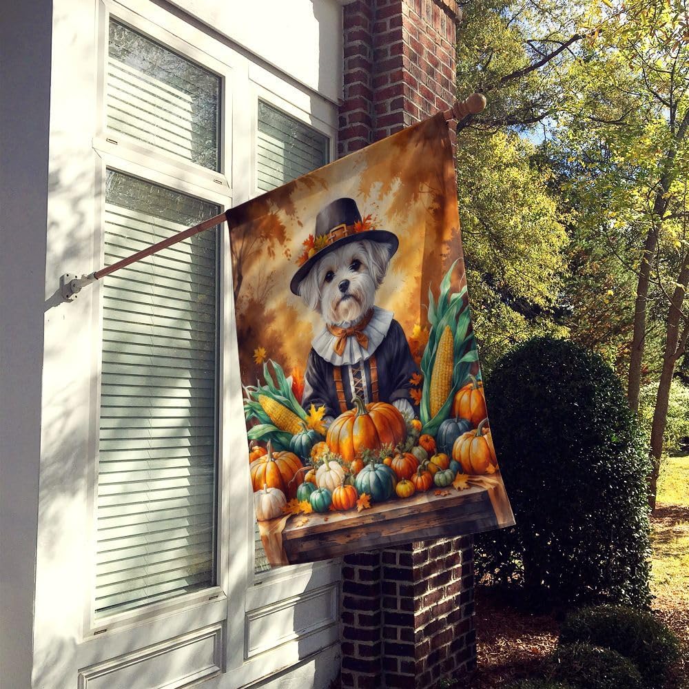 Caroline's Treasures Maltese Thanksgiving House Flag Large Porch Sleeve Pole Decorative Outside Yard Banner Artwork Wall Hanging, Polyester, House Size, Multicolor