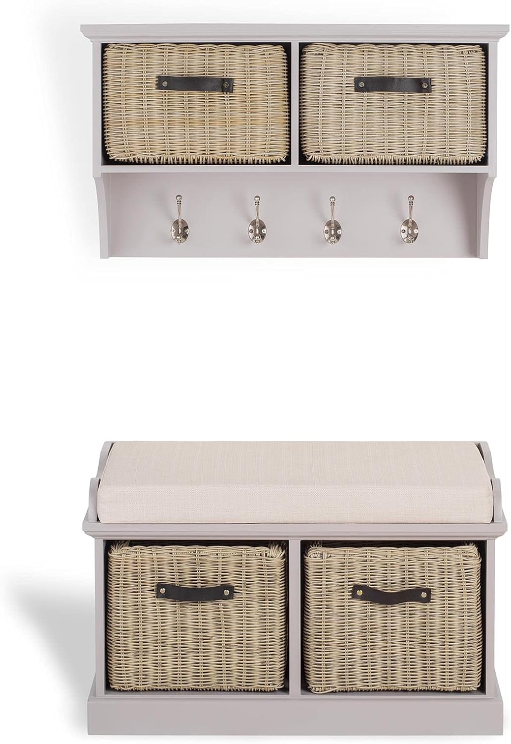 Tetbury truffle hallway hanging shelf and storage bench. Brown hallway