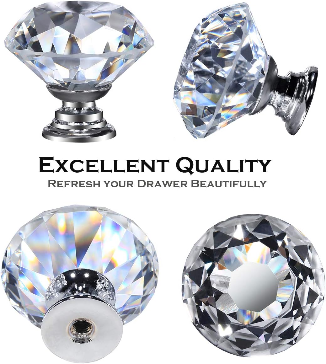 26 pcs Glass Cabinet Knobs Crystal Drawer Pulls Clear 30 mm Diamond for Kitchen, Bathroom Cabinet, Dresser and Cupboard by DeElf