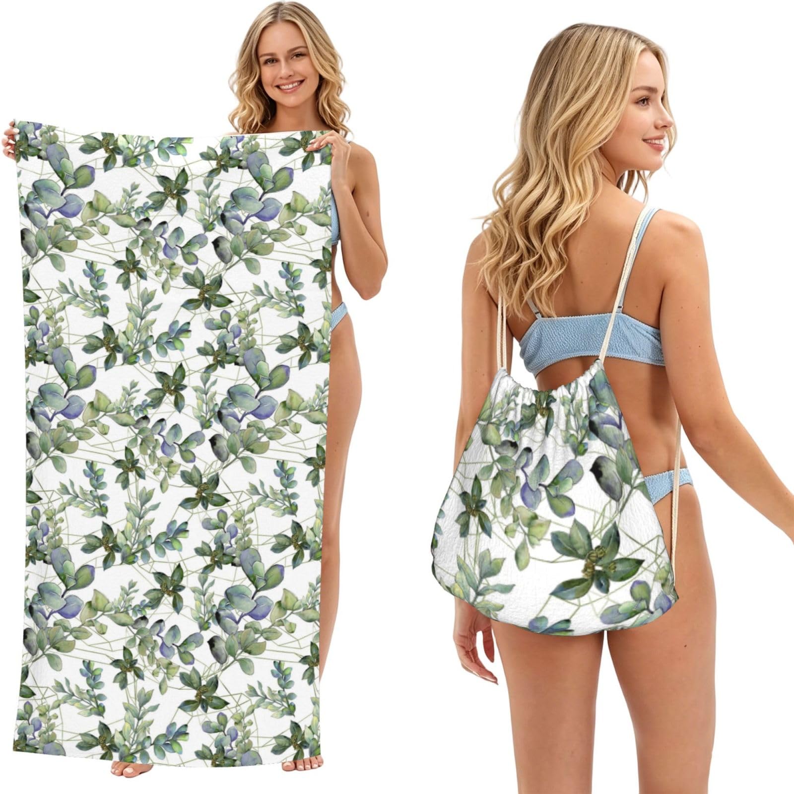 Poadnly As Picture Green Eucalyptus Leaves Printed, 2 In 1 Packable Towel Bag, Beach Towels With Drawstring Backpack For Travel Holiday Camping