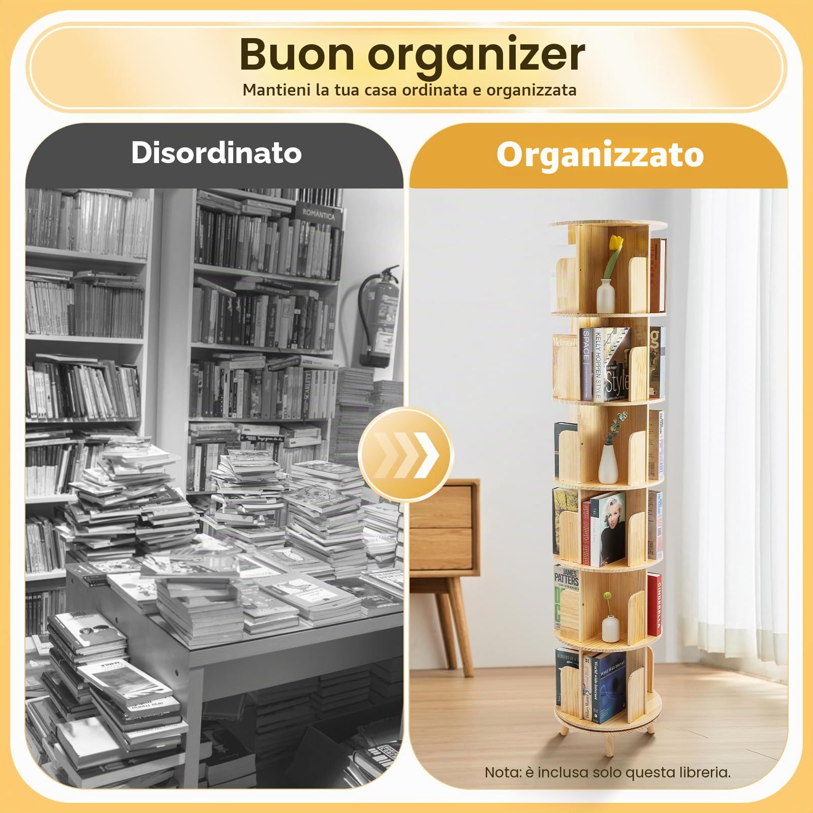 Libreria girevole a 6 livelli, a 360 annunci, a torre, in legno massiccio, girevole, per corridoi, balconi, camera da letto, organizer multifunzione, altezza dello strato 31 cm