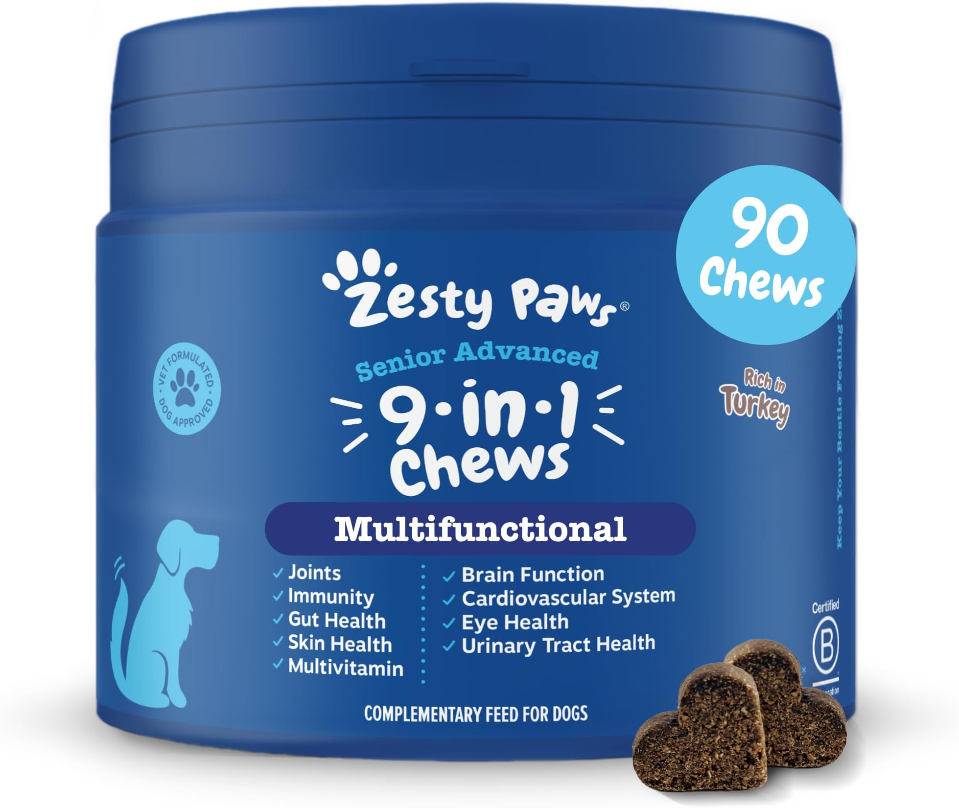 Zesty Paws 9 in 1 Multivitamins for Senior Dogs | Supports Joints, Skin, Eyes, Brain Function, Immune System, Urinary Tract, Heart & Gut Health| Vitamin A, B & C, Folic Acid, Biotin | 90 Chews